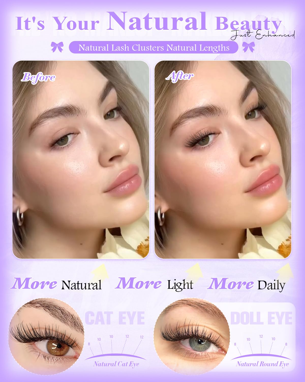 Natural Eyelash Clusters - Wispy Lash Extensions with Invisible Band | Short 8-10-12mm C-Curly for Daily Wear