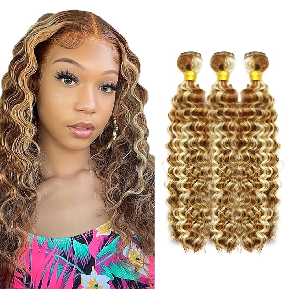 12 14 16 Inch P30/613 Highlight Blonde Bundles Human Hair 3 Bundles Brazilian Remy Hair 50 Grams/Bundle 10A Grade Unprocessed Virgin Hairs Deep Wave Bundle Weaves Extensions