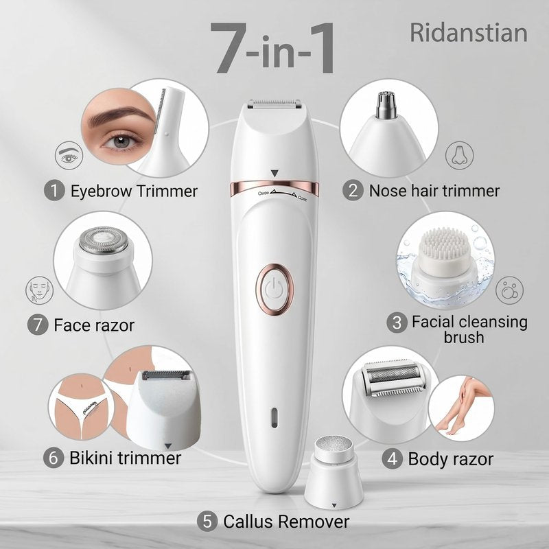 7-in-1 Electric Razors for Women,Bikini Trimmer for Women, Waterproof & USB Rechargeable with Body Hair Trimmer,Eyebrow Trimmer, Nose Hair Clipper,Callus Remover &Facial Cleansing Brush,Gifts for Lady