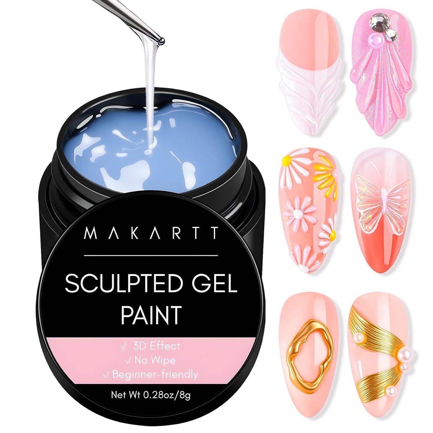 3D Gel Nail Art - Clear Painting Gels for Chrome Powder | No Wipe Sculpting & Carving Gels, 0.28 fl. oz