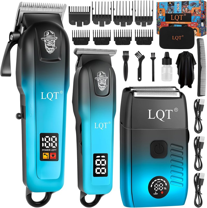 Professional Hair Clippers for Men - Cordless Barber Clippers with Precision Trimmer & Dual Foil Shaver | Gradient Blue Grooming Kit