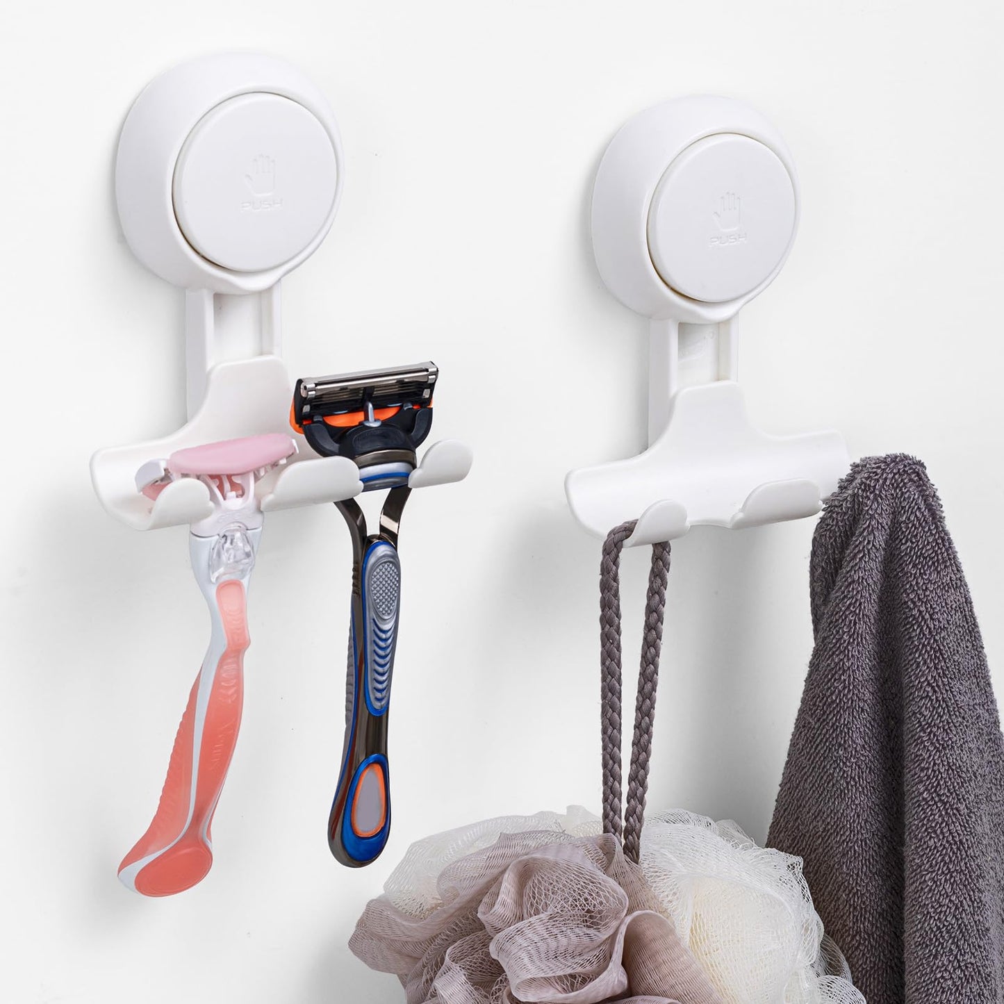 LEVERLOC Razor Holder for Shower 2 Pack, Powerful Suction Cup Shower Hooks for Towel, Loofah, Razor, Squeegee, Damage-Free Wall Hooks, Shaver Holder for Bathroom, Easy to Install and Reuse, White