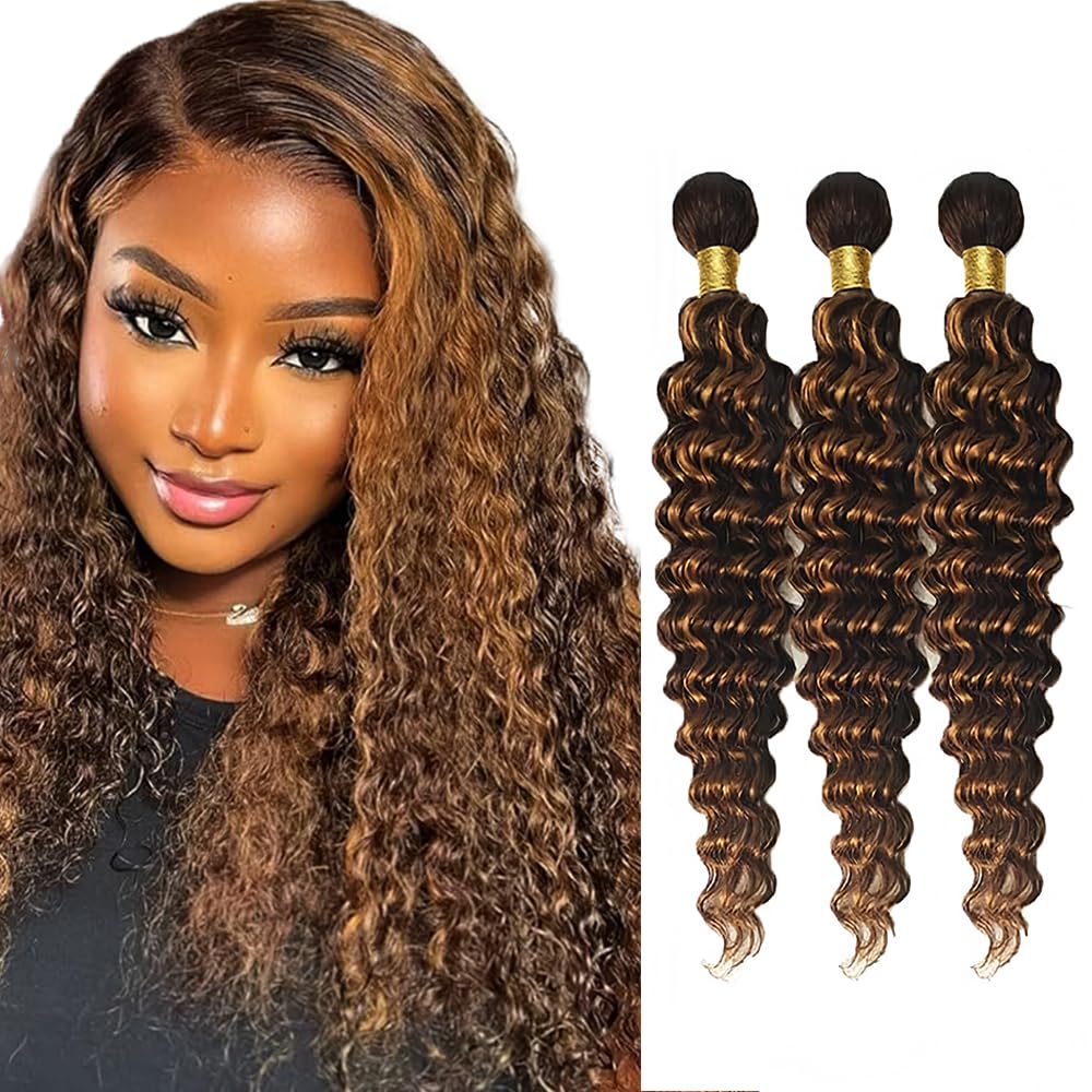 26 28 30 inch Highlight Bundles Human Hair Brown Deep Wave Bundles P430 Human Hair Bundle 2 Tone #4 and #30 Color 150g