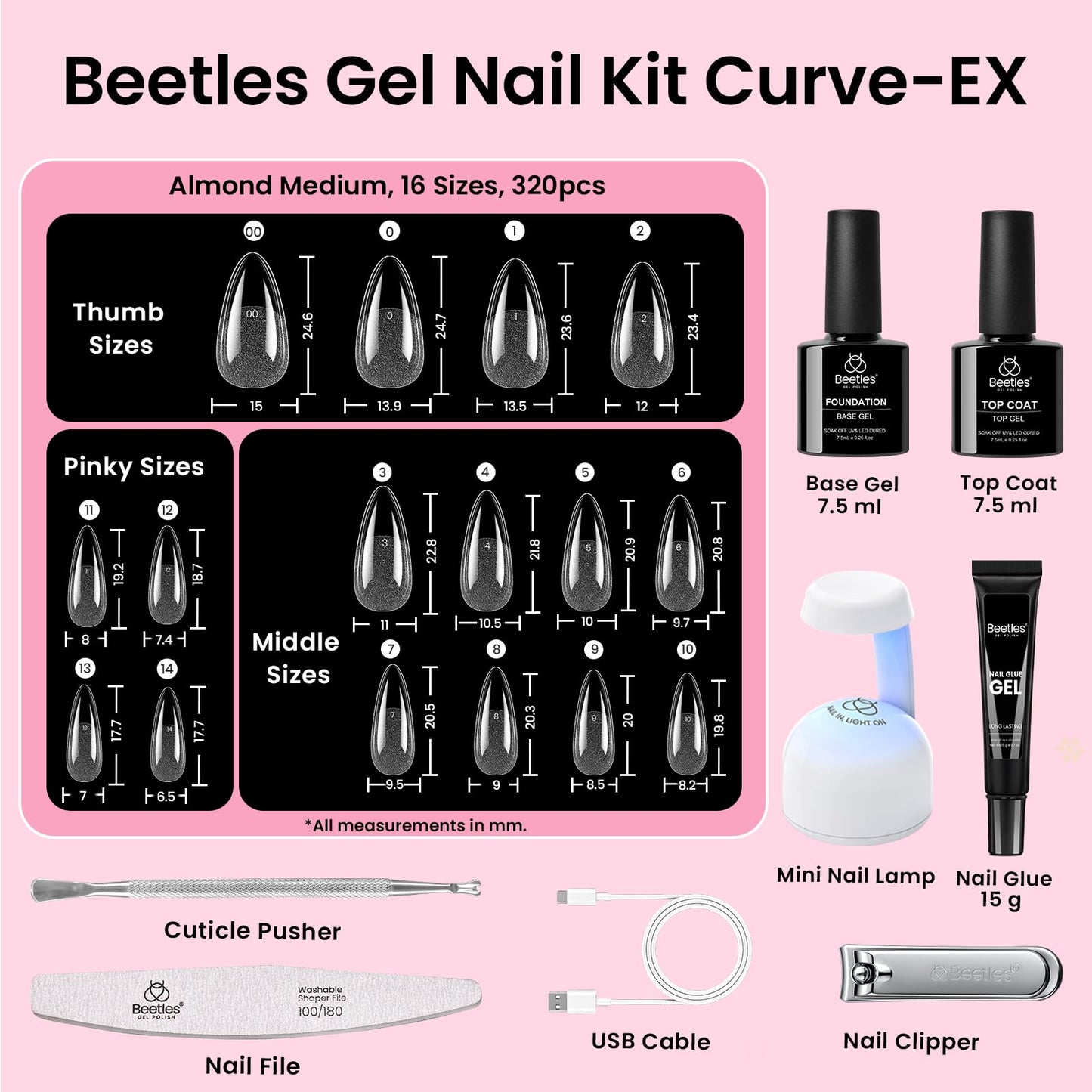 Beetles Gel Nail Kit Curve-EX, Almond Medium, 320pcs 16 Sizes Nail Tips, with 15g Nail Glue Hands-Free, 7.5ml Base Gel & Top Coat, Mini Lamp, for Acrylic Press On Nail, Extension DIY Set at Home