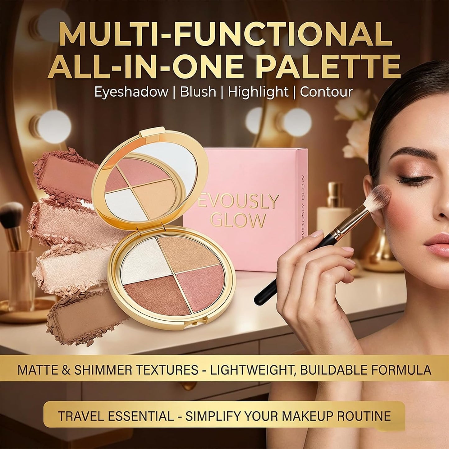 Eye & Cheek Palette - 4-in-1 Eyeshadow & Highlighter Kit | Blendable, Long-Lasting Glow Powder
