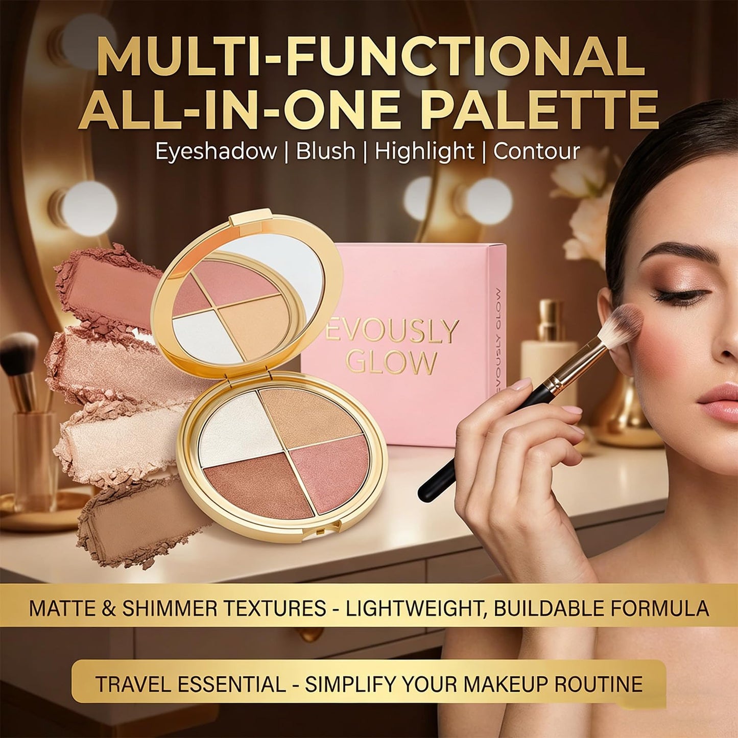 Eye & Cheek Palette - Eyeshadow and Highlighter Makeup, 4 in 1 Eyeshadow Palette, Multi Use Eye Shadow Blush Highlighter, Blendable Long Lasting Glow Powder, Natural Radiant Makeup Kit