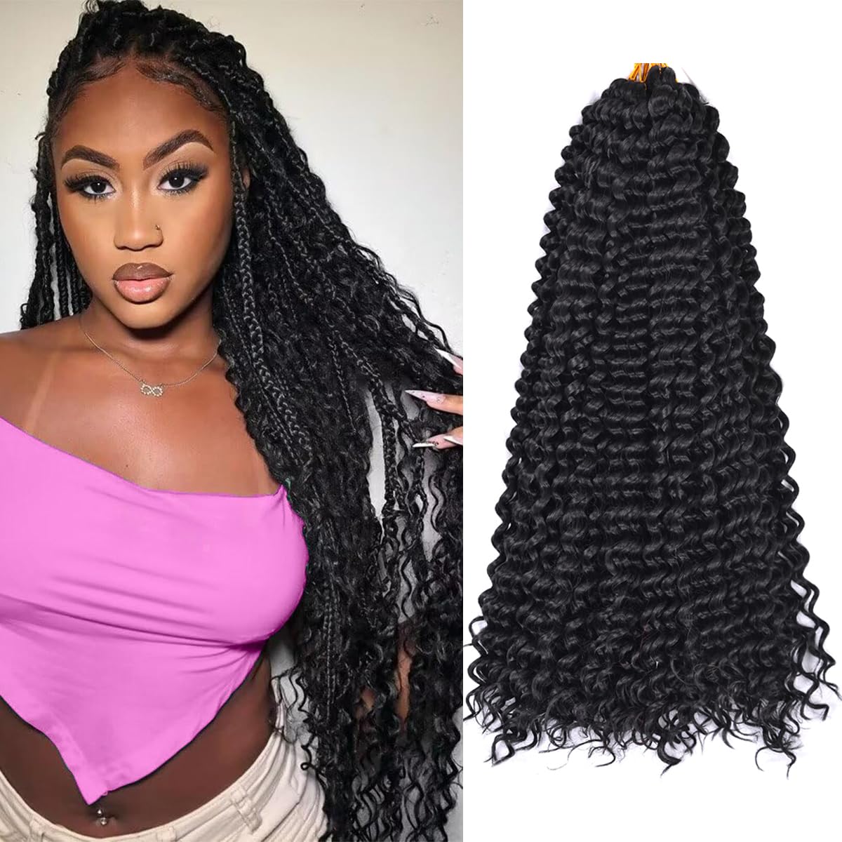 Ocean Wave Crochet Hair Extensions - Deep Wave Synthetic Braiding Hair for Women | 24 Inch, #1B (Pack of 2)
