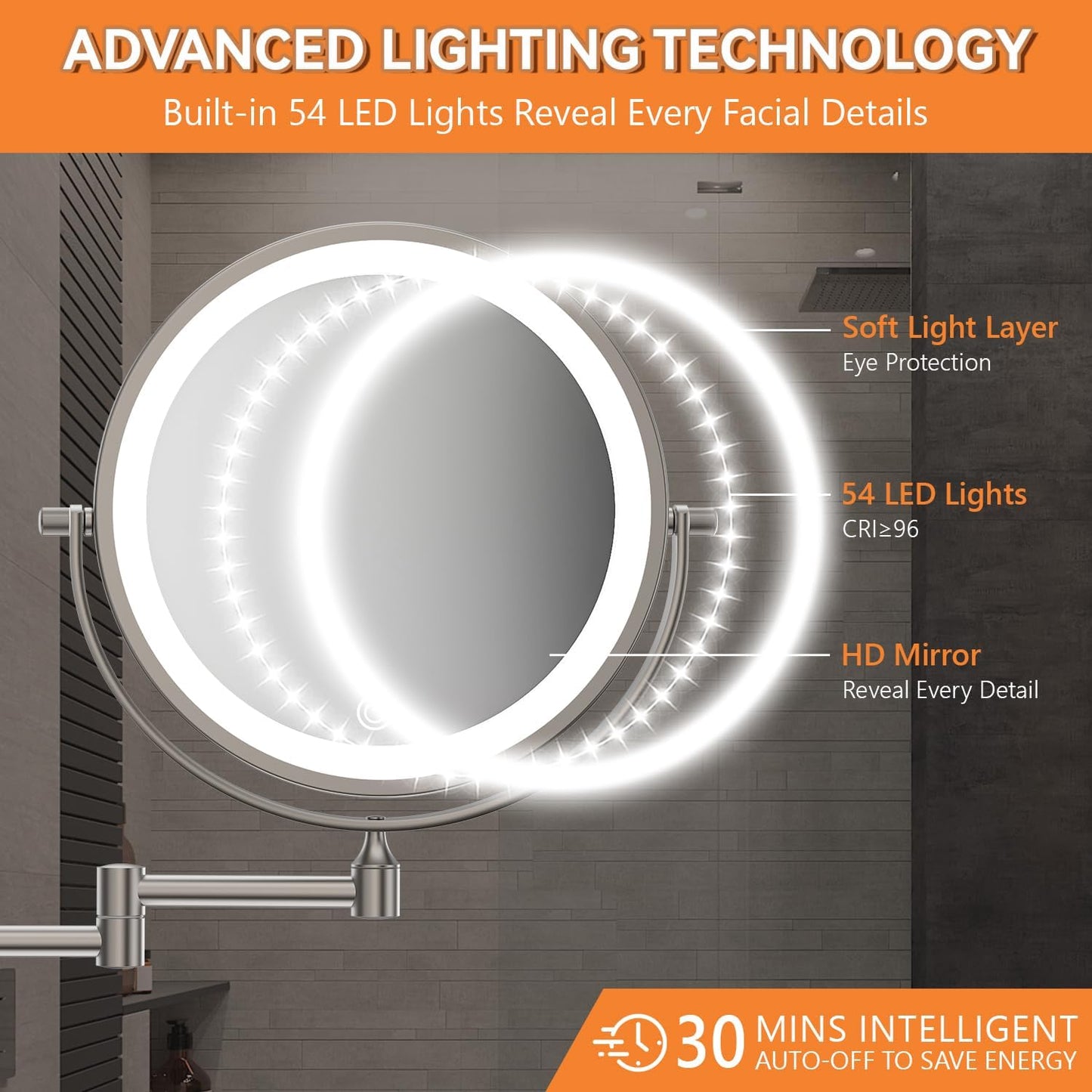 Lighted Makeup Mirror - 1X/30X Double-Sided Magnifying Mirror with 3 Color Touch Dimmable Lights | 8" Rechargeable, 360° Rotating Arm, Brushed Nickel