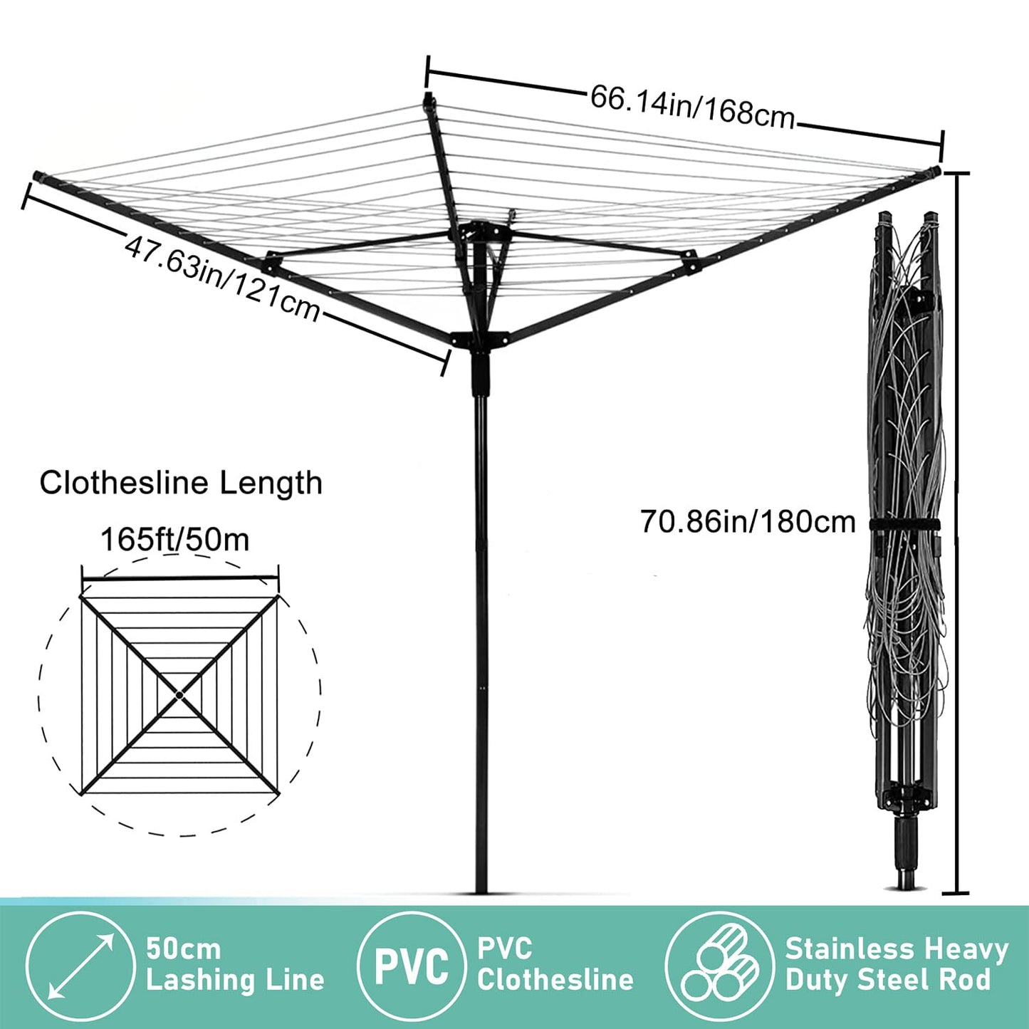 Nisorpa Outdoor Umbrella Drying Rack,12 Lines with 165 Feet Umbrella Clothesline Outdoor Dryer Clothes Line, 4 Arm Steel Frame Adjustable Height Retracting Collapsible Clothes Drying Rack for Backyard
