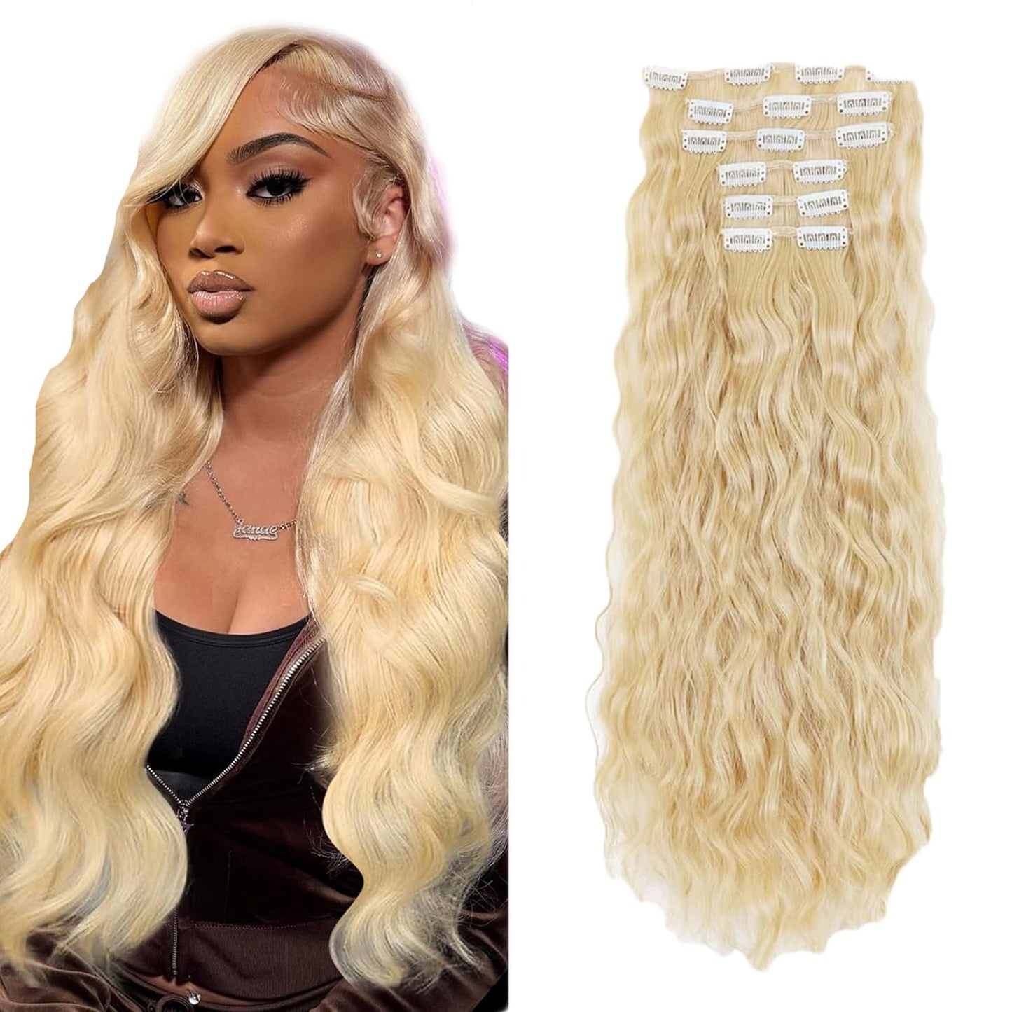 #613 Blonde Clip in Hair Extensions Real Human Hair, 32 Inch 120g/7Pcs,Full Shine Remy Human Hair,Blonde Long Wave Clip ins Brazilian Virgin Human Hair Extensions