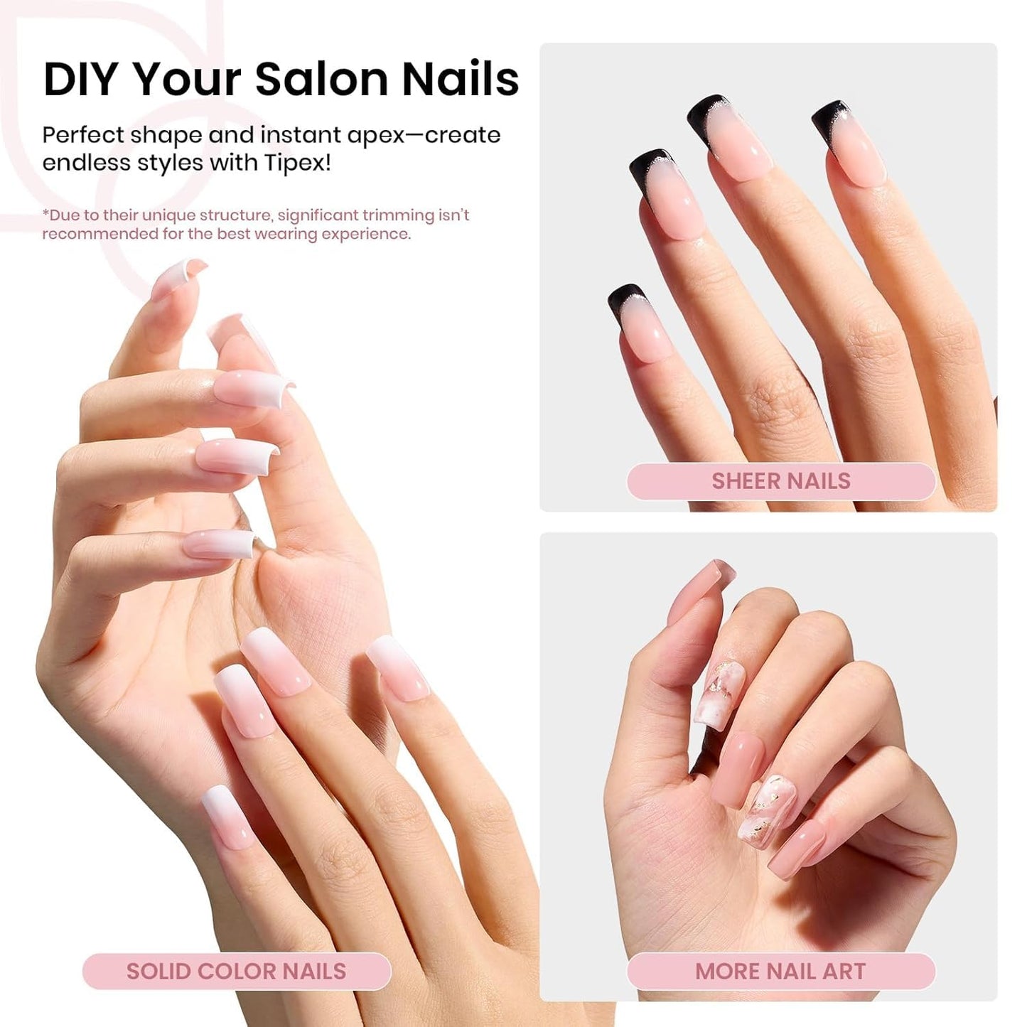Beetles Instant Apex Nail Tips - Short Square, 192pcs in 16 Sizes 00–14 | Thicker Strong Acrylic for DIY Extensions
