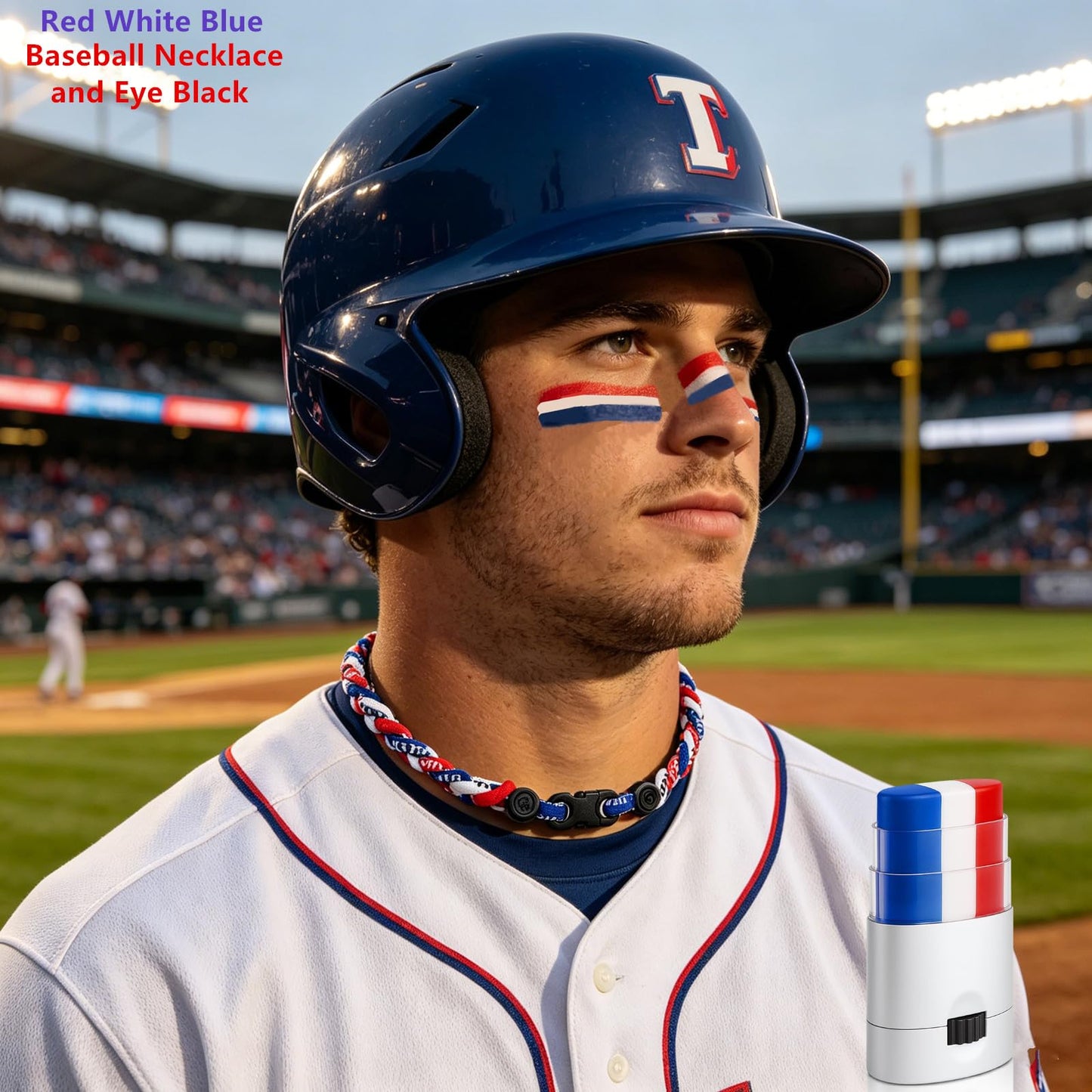 Go Ho Patriotic 2-in-1 Bundle: Red White and Blue Face Body Paint Stick and Baseball Necklace Nylon Tri-Braided Rope Tornado 18 Inch, 4th of July Accessories,USA Team Gifts for Baseball Fans