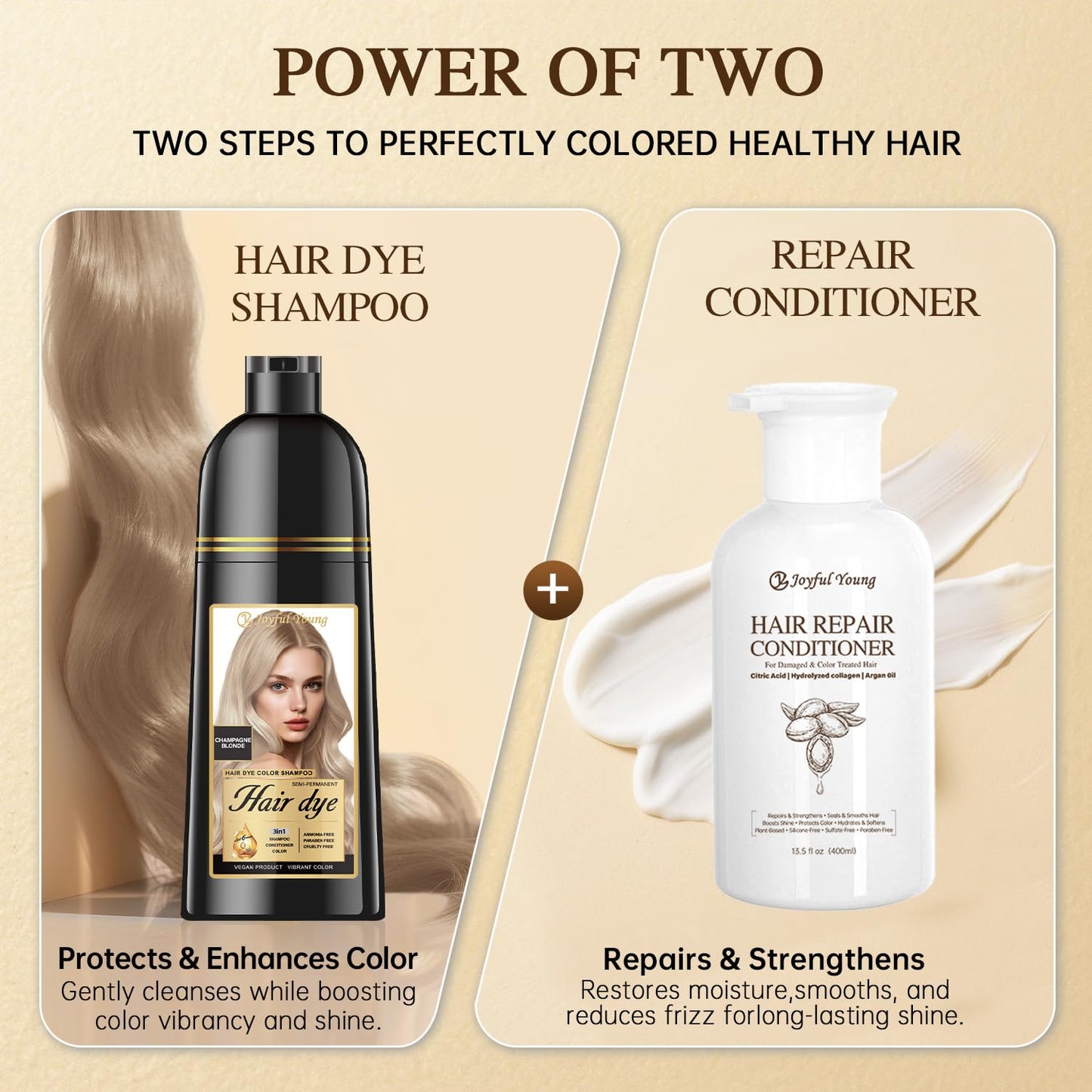 Natural Hair Dye Shampoo & Conditioner Bundle - 3-in-1 Gray Coverage & Deep Moisture | Vegan, Sulfate-Free, 2x400ml (Champagne Blonde)