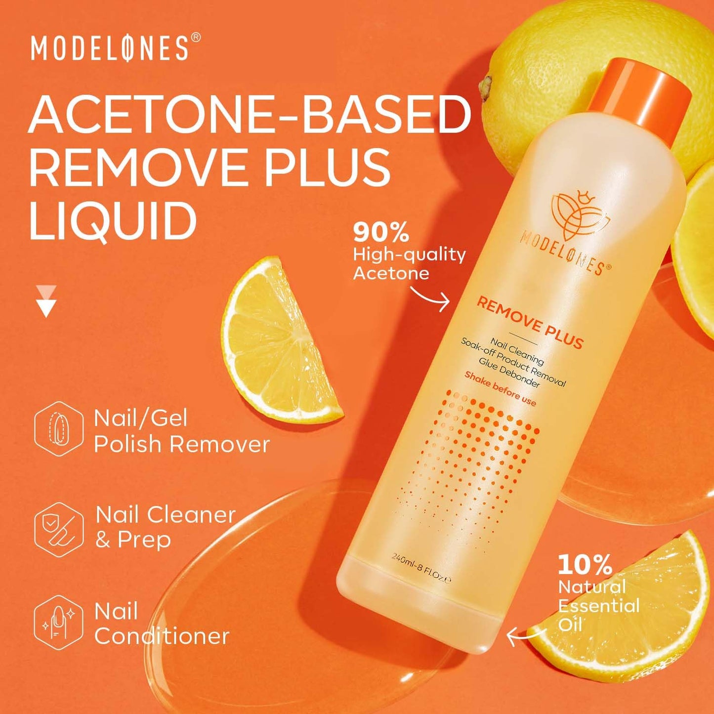 Modelones Nail Polish Remover Acetone Professional Gel Polish Remover for Nails Glue/Acrylic/Dip Powder Remover, Natural Formula with Jojoba Oil for Nail Moisturizing & Care (8 FL.Oz.), Lemon