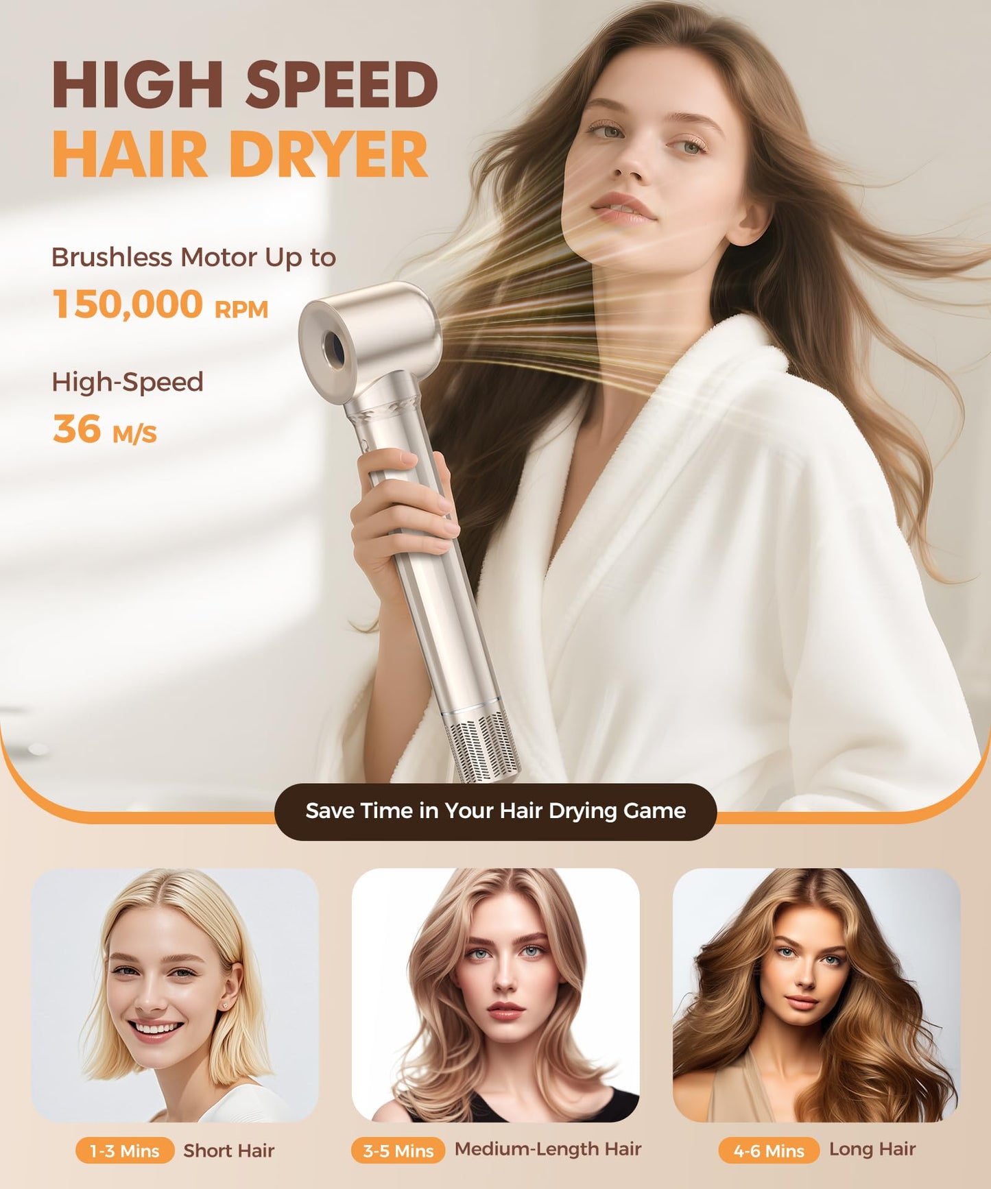 Cosy Companions 6 in-1 Hair Dryer Brush, 150,000 RPM High-Speed Negative Ionic, Blow Dryer Brush for Fast Drying, Hot Air Brush for Curling/Volumizing/Straightening with Travel Bag, Gold