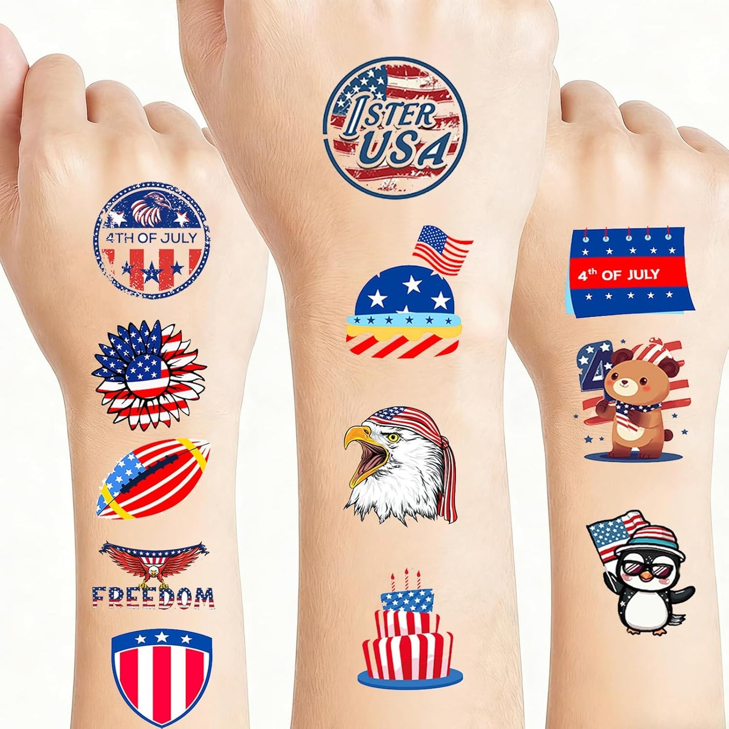 4th of July Temporary Tattoos - 320 Pcs USA Patriotic Stickers | Waterproof Red, White & Blue Face and Body Decor