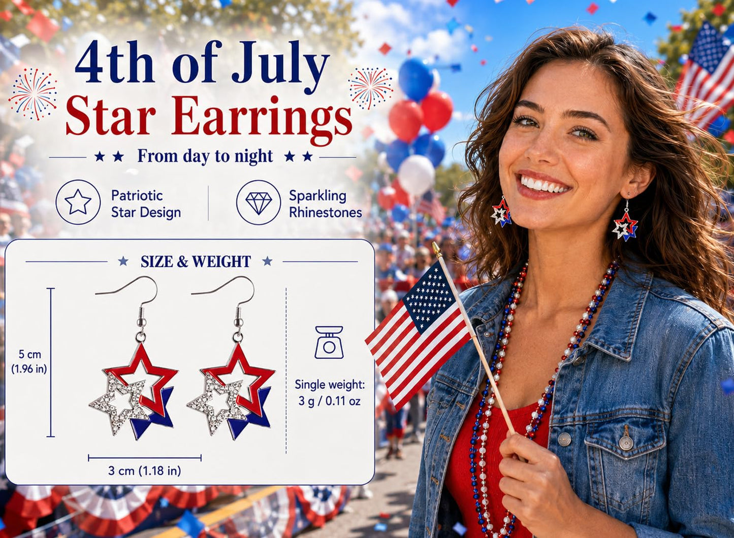 Paminify Patriotic American Flag Star Earrings and Red White Blue Glitter Freckles Face Tattoos,Independence Day 4th of July USA Earrings Outfit for Women,250th Fourth of July Accessories