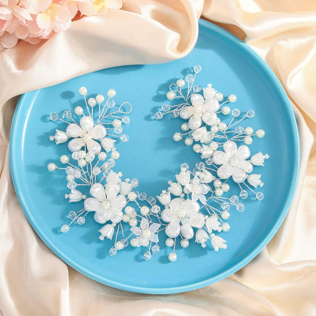 Campsis Flower Girls Hair Accessory, White Floral Headpiece, Wedding Pearl Headband for Girls