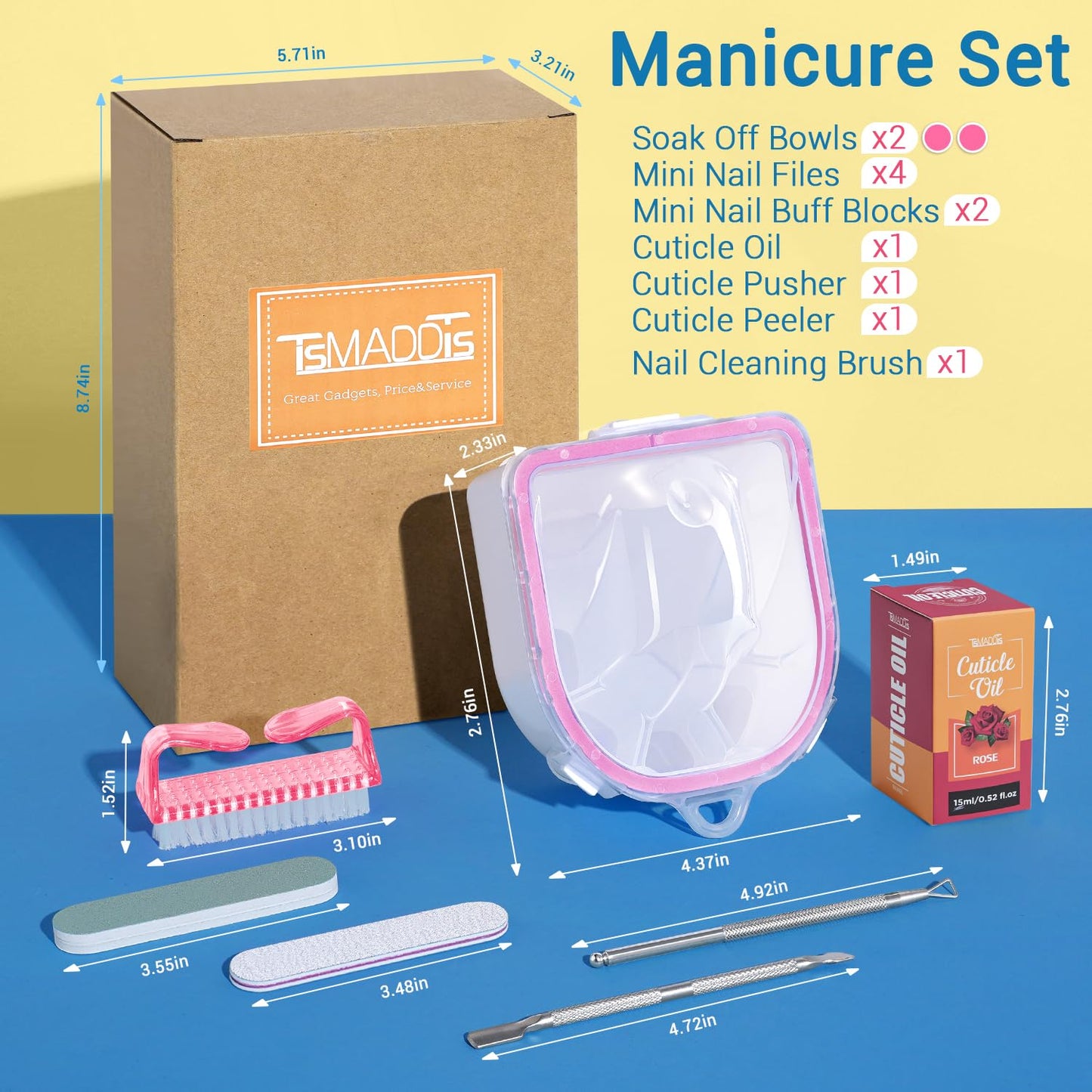 Nail Polish Remover Kit - 2 Soaking Bowls, Cuticle Tools, Oil, Files & Buffers | Complete Manicure Set