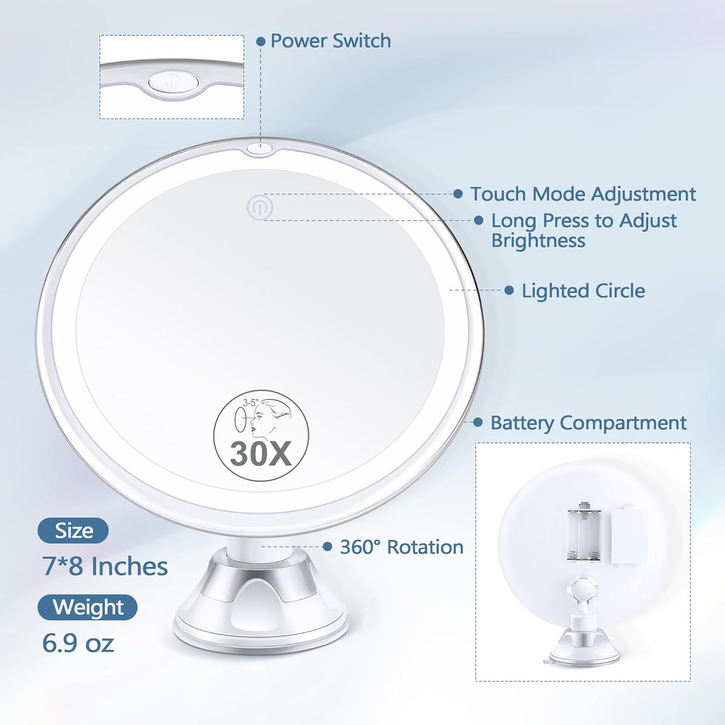 30X Magnifying Makeup Mirror with Light - 3 Color Modes, Adjustable Brightness | 8-Inch Suction Cup Design