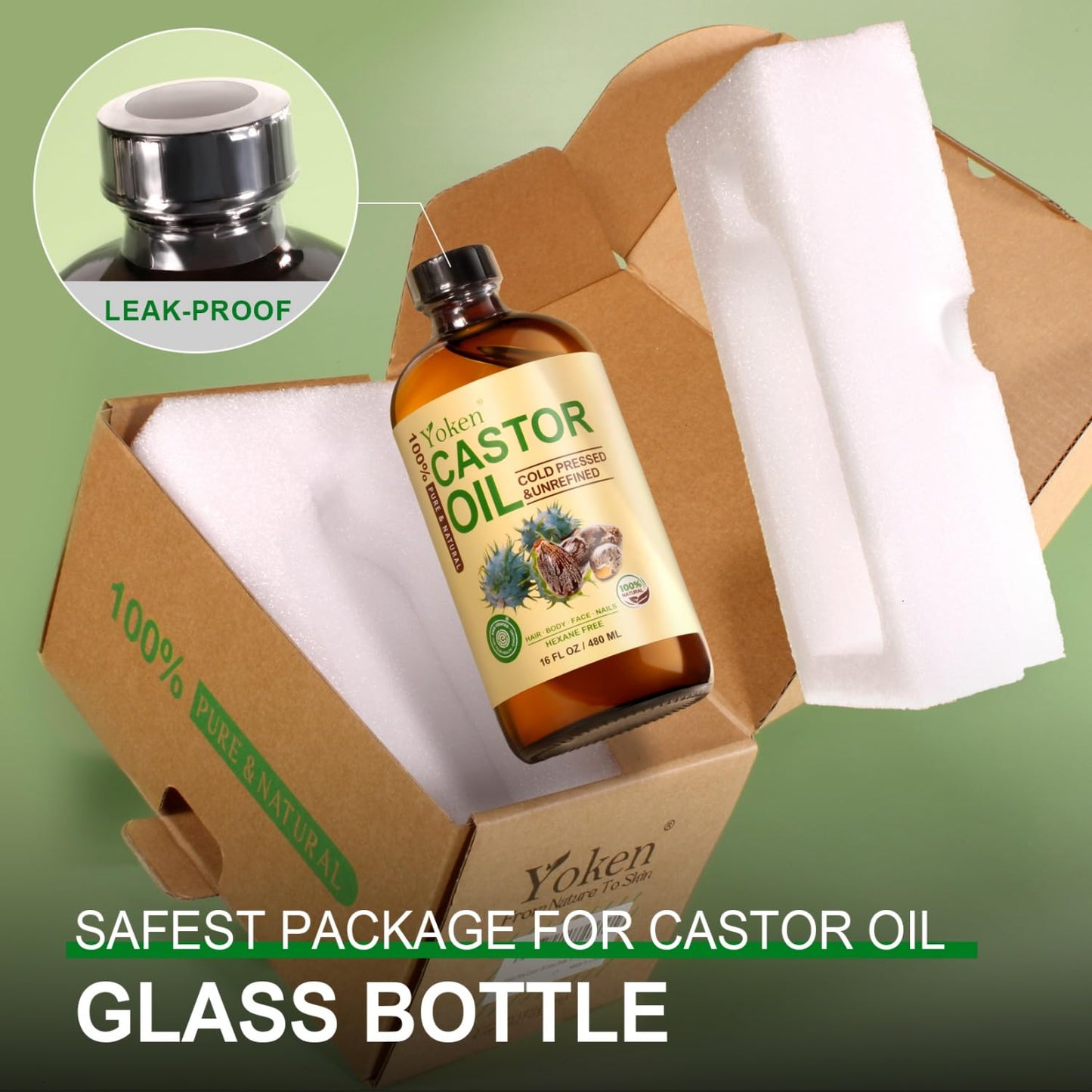 Yoken EWG Verified Castor Oil Organic Glass Bottle 16 fl oz 100% Pure Natural Cold Pressed Castor Oil for Hair, Face, Body, Eyelash, Skin - Hexane Free, Unrefined, Virgin, Rich Fatty Acid