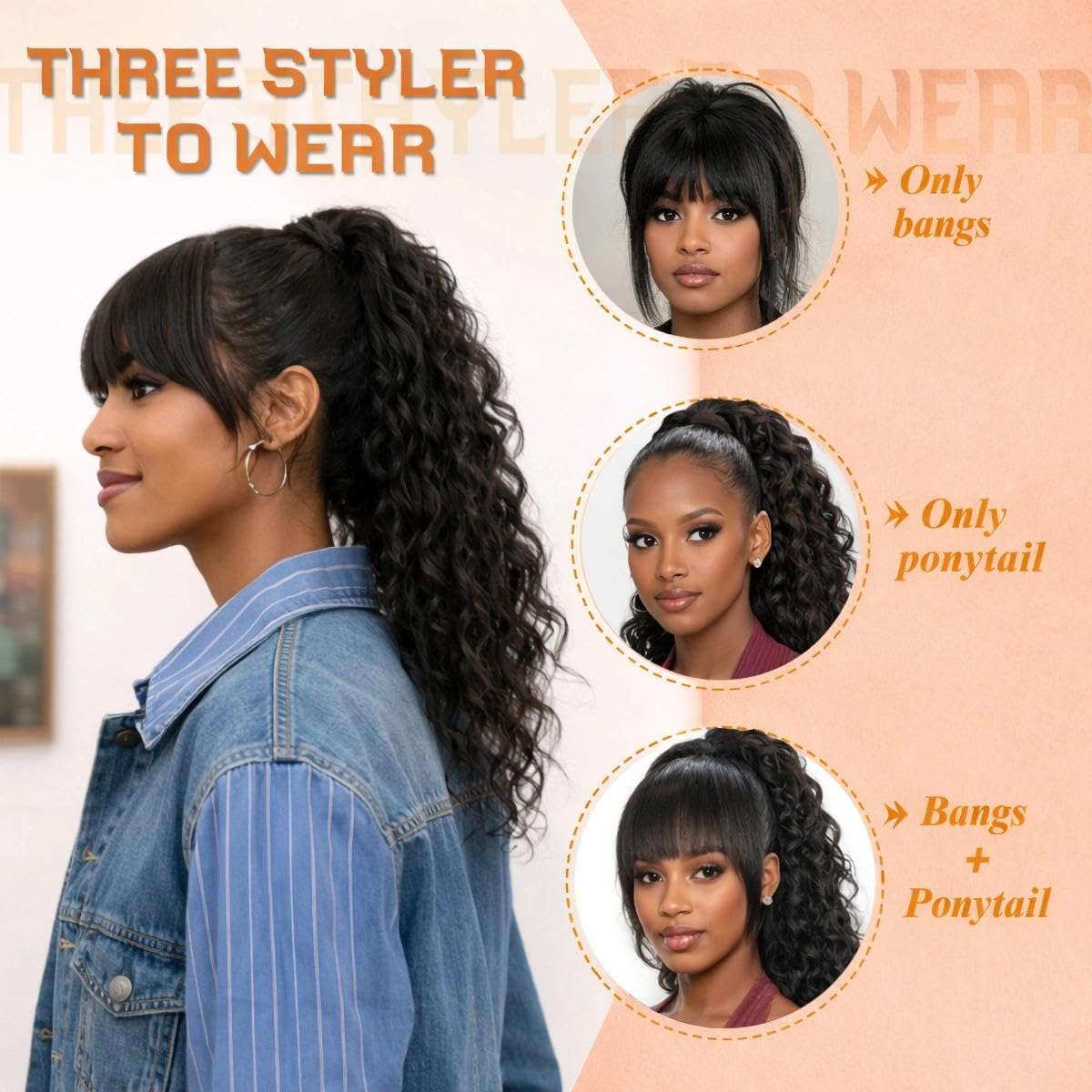 Ponytail Extension with Bangs - Yaki Curly 20 Inch Drawstring Hairpiece | Wavy Layered Synthetic Ponytail for Women