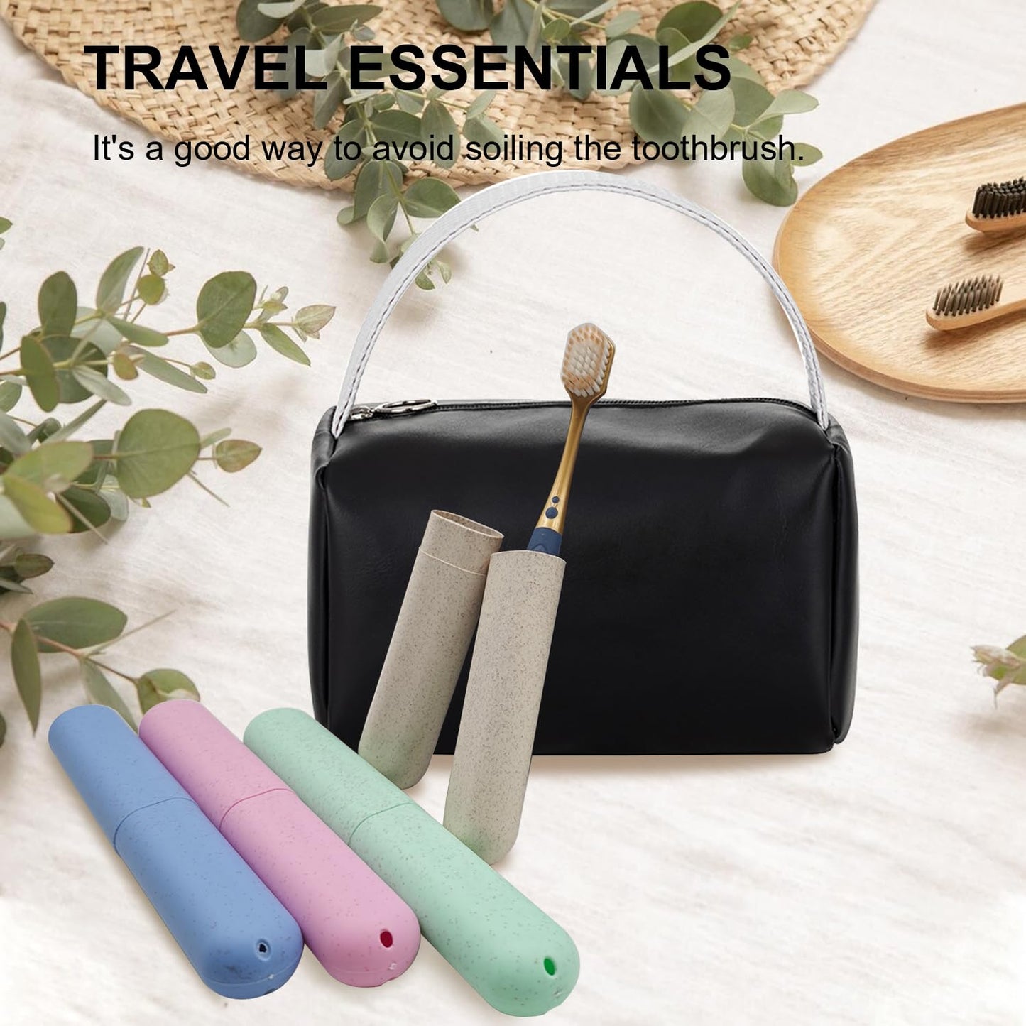 FEHNAG 4 Pack Portable Toothbrush Cases, Breathable Plastic Holders and Leather Travel Toiletry Bags, Organizers for Home, Business, Camping（black）