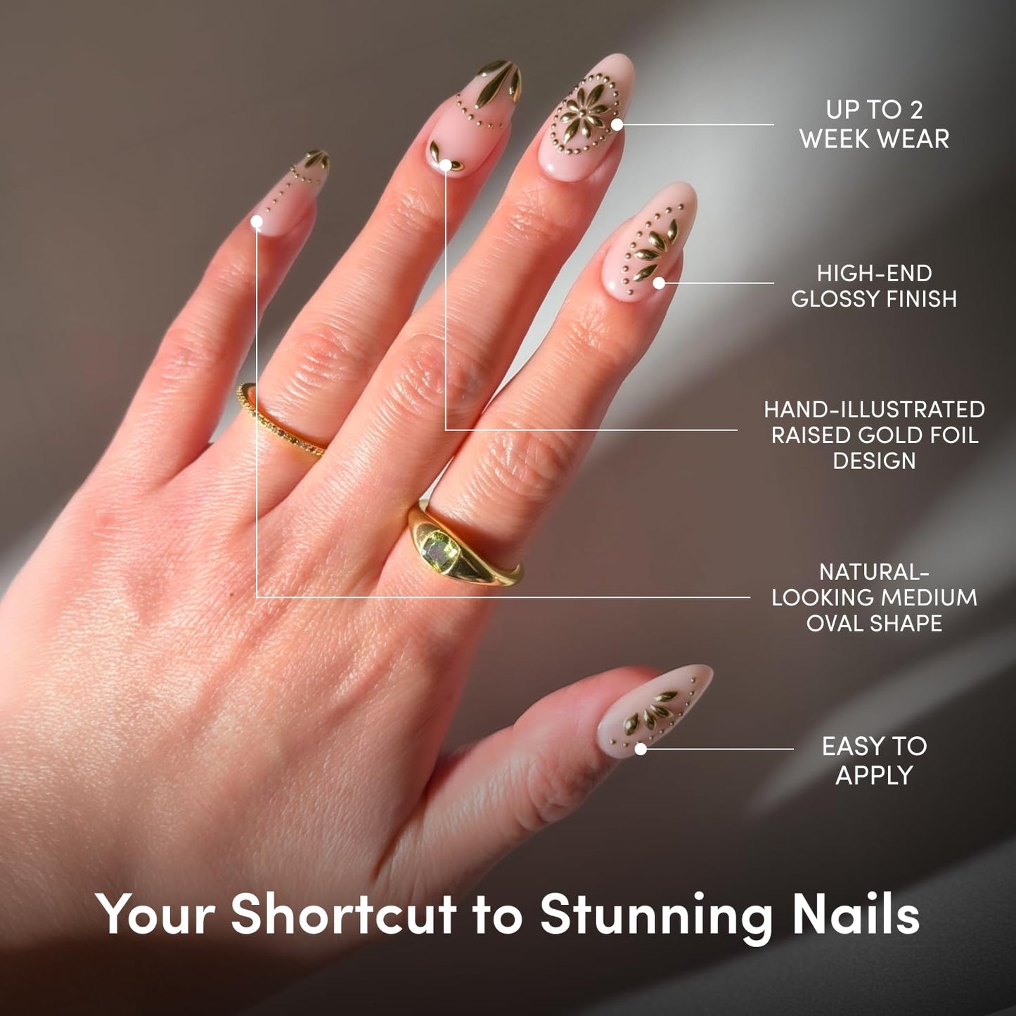 Glamnetic Press On Nails - Athenian Gold | Medium Oval Fake Nails with 3D Raised Gold Foil, Glossy Finish | Salon Quality Vacation Nails | 15 Sizes - 30 Nail Kit with Glue