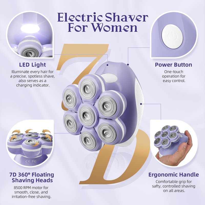 Bartrimber 7D Electric Razors for Women: Fast & Smooth Full-Area Electric Shaver for Women Flawless Legs, Waterproof Body Hair Remover for Wet Dry Use w/Light&Travel Cap, Gift for Ladies, Deep Purple