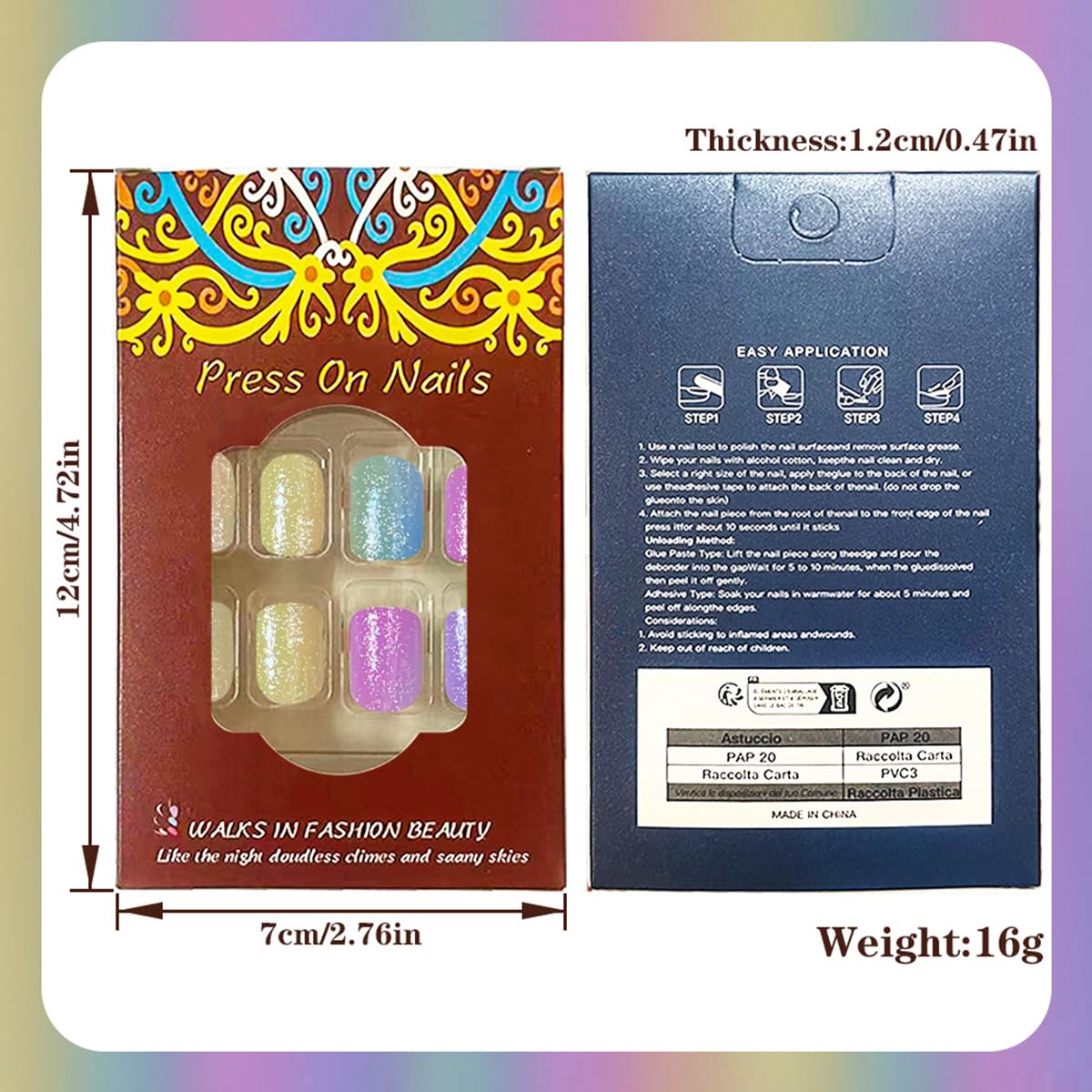 Summer Ombre Press-On Nails | Short Square Acrylic Nail Tips in Rainbow Colors - 24 Pcs Reusable Full Cover Set