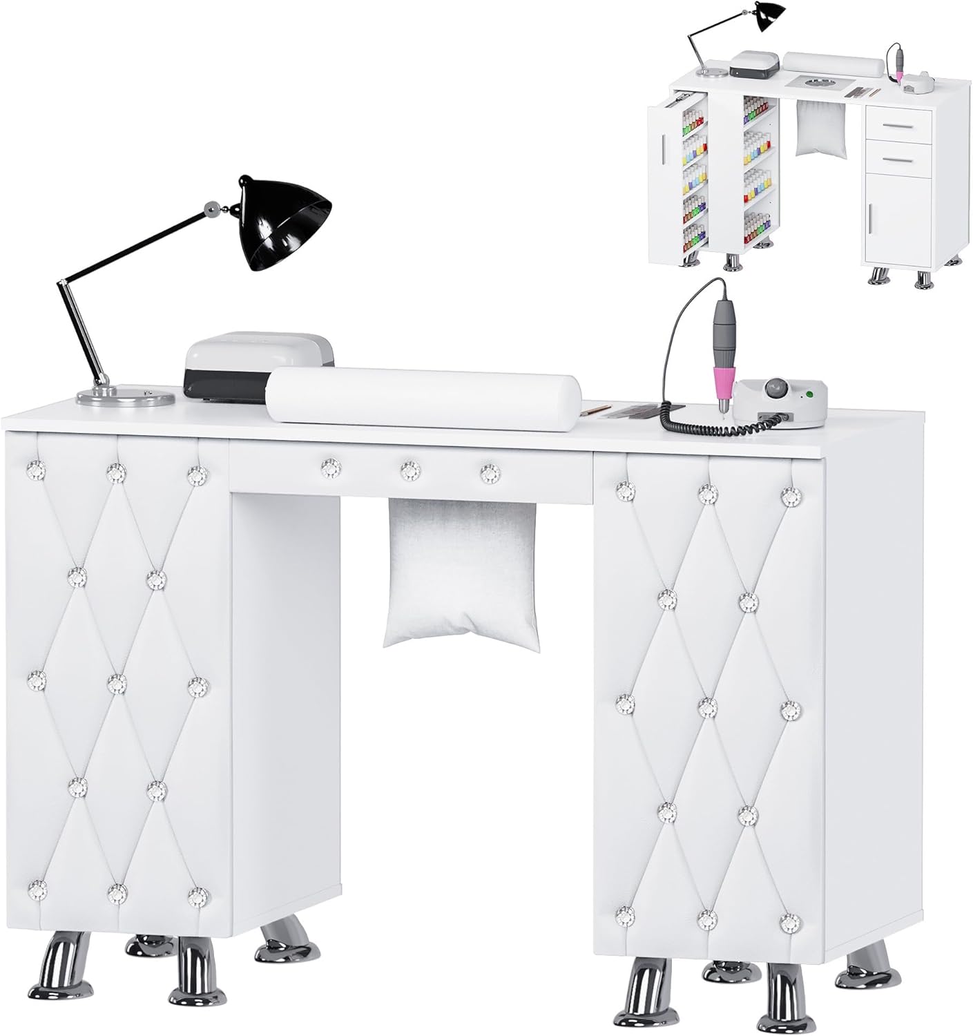 Manicure Table - Nail Desk with Dust Collector & Wrist Rest | Acetone Resistant Workstation with Drawers & White Leather Pad