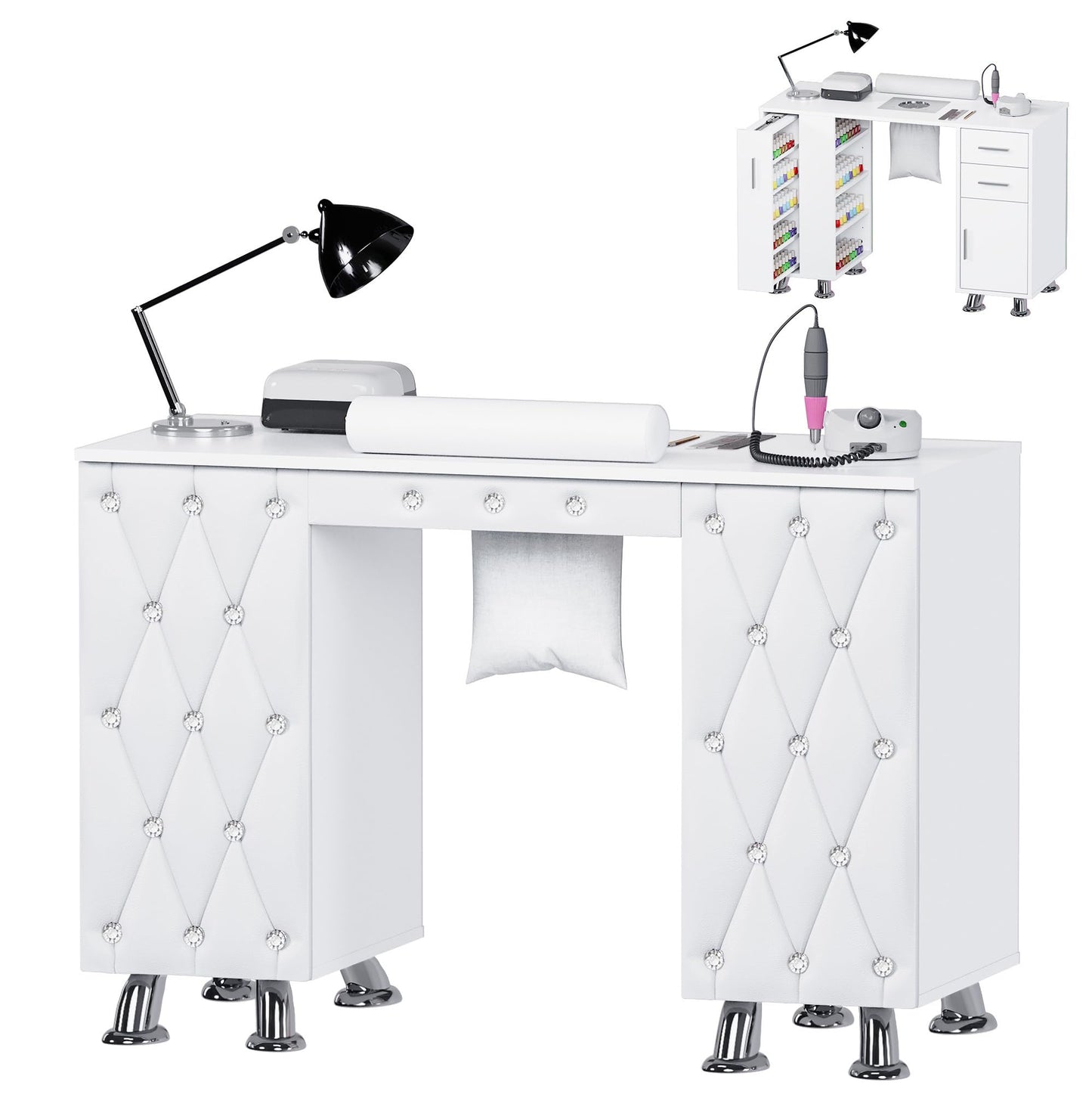 Kikihouse Manicure Table, Nail Desk w/Dust Collector & Wrist Rest, Nail Salon Station Acetone Resistant Workstation w/Drawers, Cabinet, White Leather Pad with Diamonds