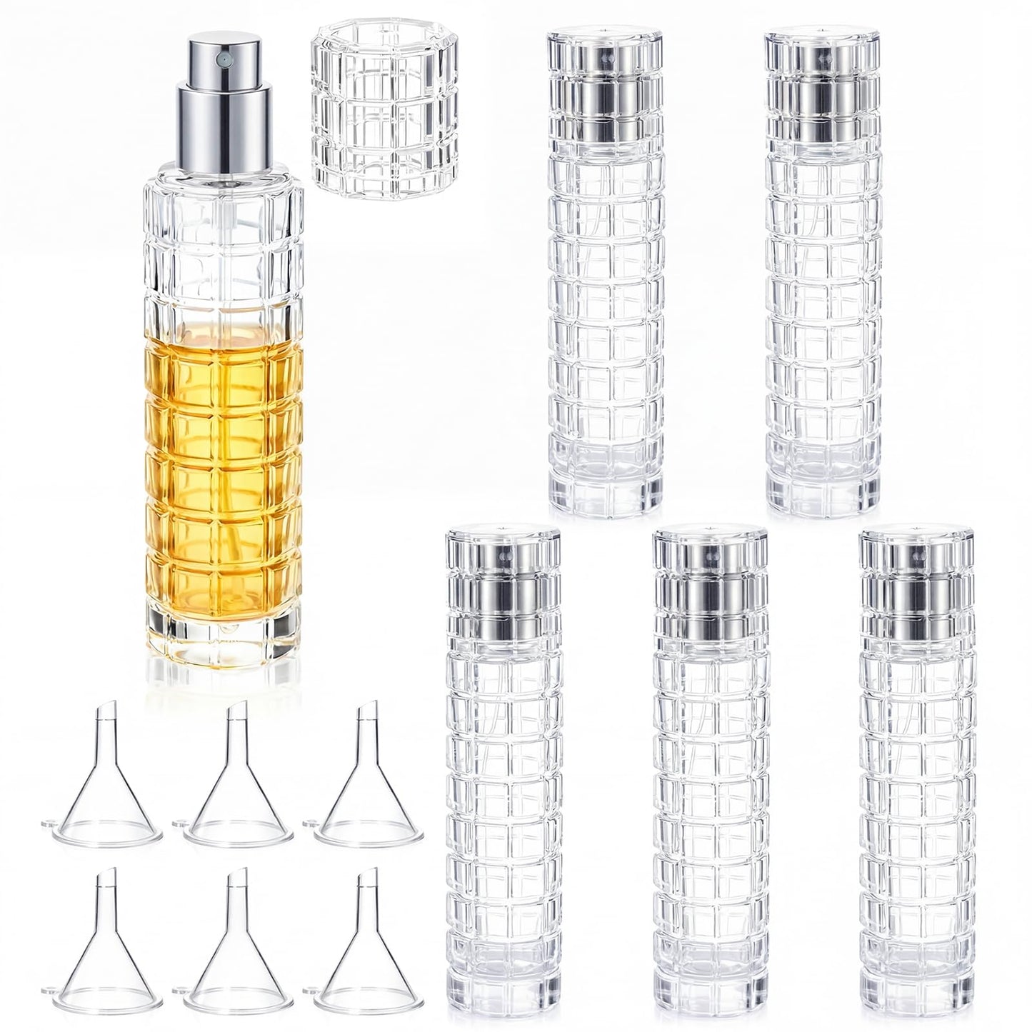 Yiyiring 6 Pack Cocktail Atomizer Spray Bottles Bar Sets 1oz / 30ml with Funnels, Refillable Glass Absinthe for Bitters Vermouth, Fine Mist Travel Sprayer for Bar Kitchen(Silver)