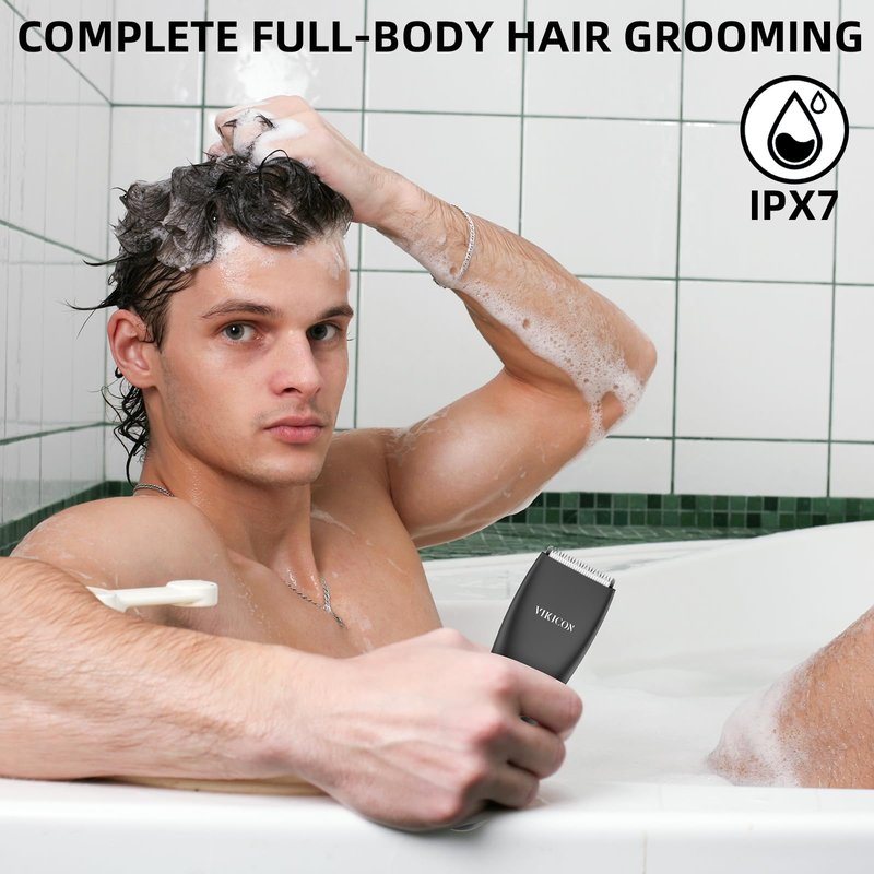 VIKICON Electric Groin Hair Trimmer: Ball Shaver & Body Groomer for Men Waterproof Wet/Dry Body Hair Clippers,Male Hygiene Razor with Standing Recharge Dock, Replaceable Ceramic Blade Heads(Black)