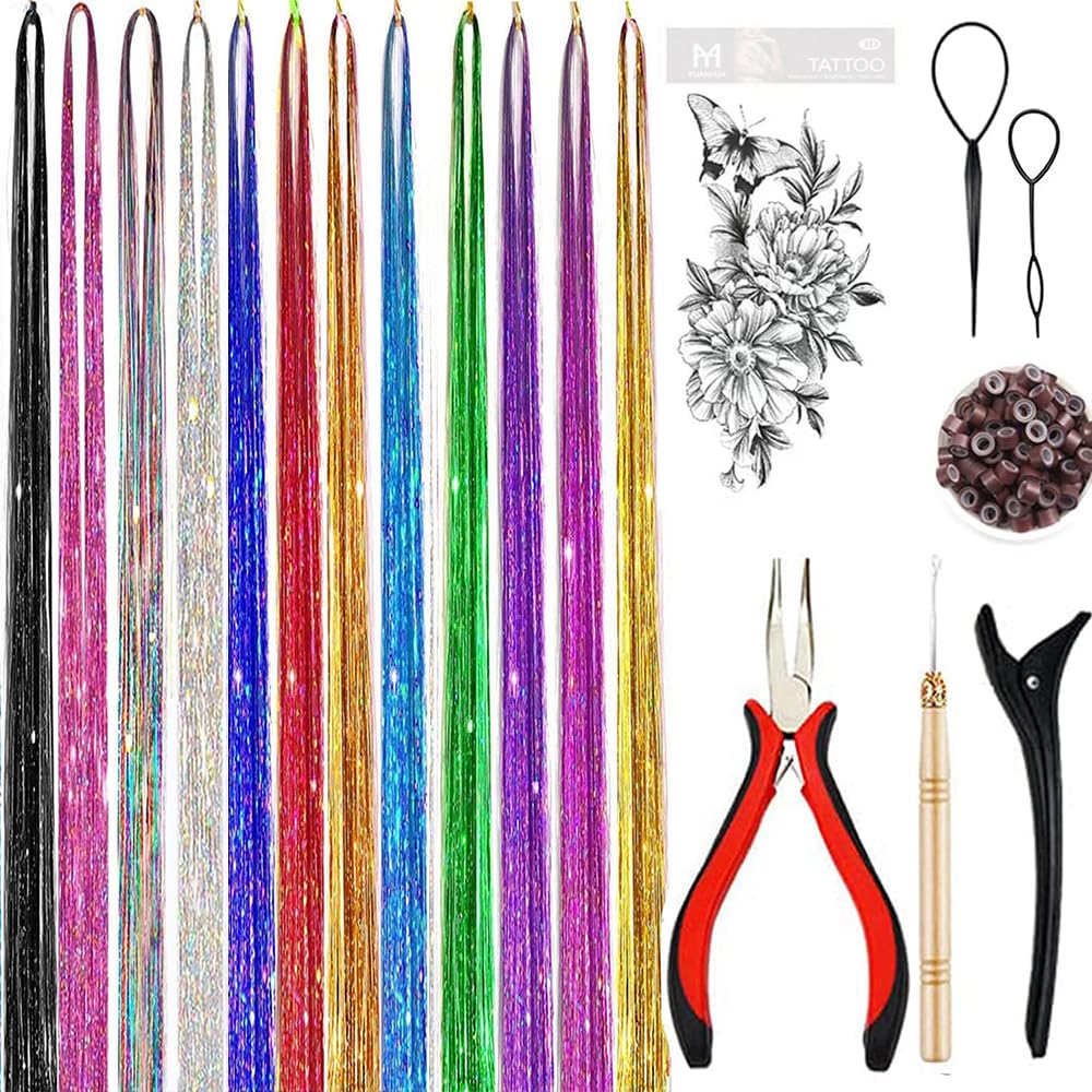 Hair Tinsel Kit - 12 Color Sparkling Heat-Resistant Tinsel Extensions | 48-Inch Strands for Fairy Hair