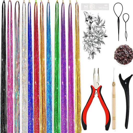 Hair Tinsel Kit - 12 Color Sparkling Heat-Resistant Tinsel Extensions | 48-Inch Strands for Fairy Hair