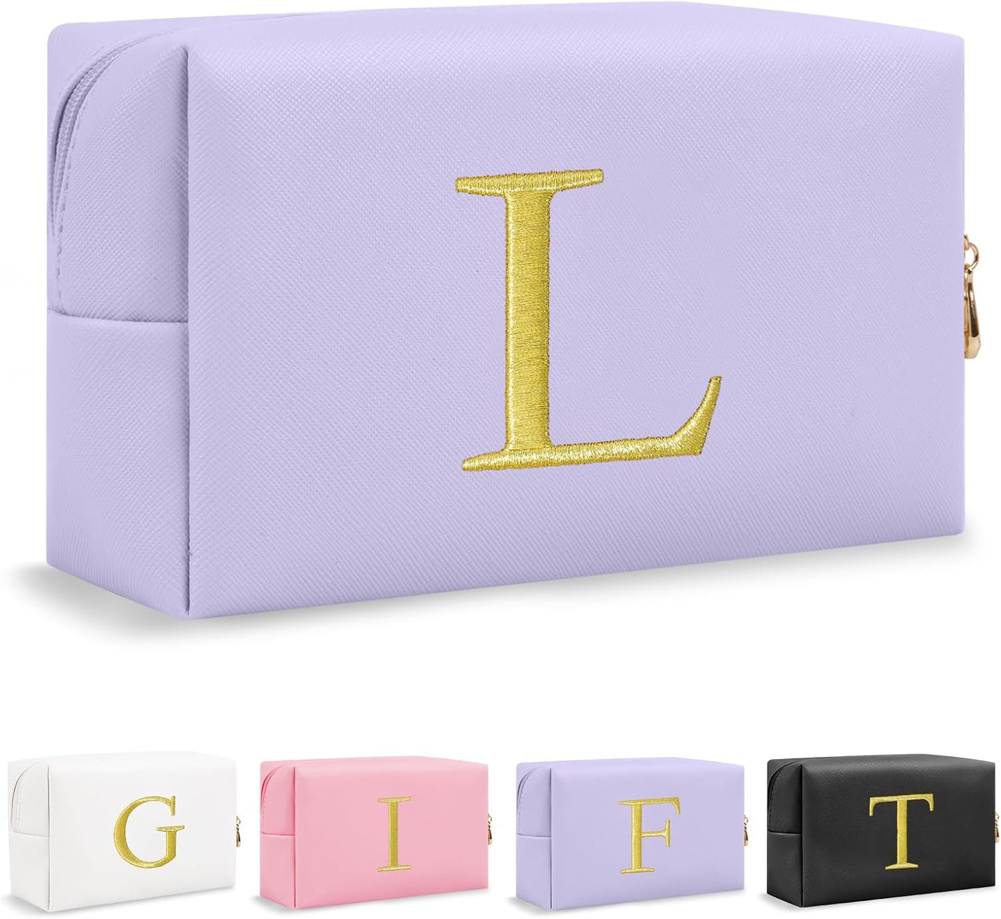 Personalized Initial Makeup Bag - Gold Embroidered Cosmetic Bag for Teens | Custom Travel Toiletry Bag (Black)