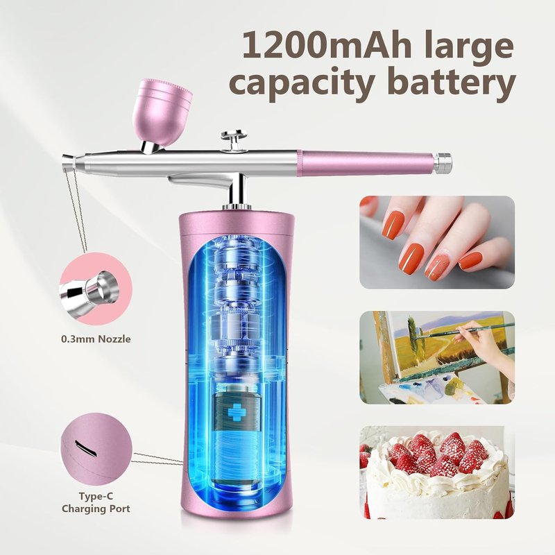 Airbrush Kit - Cordless Rechargeable 32psi Non-Clogging Airbrush Set | 0.3mm Nozzle for Makeup, Nail Art & Crafts (Pink)