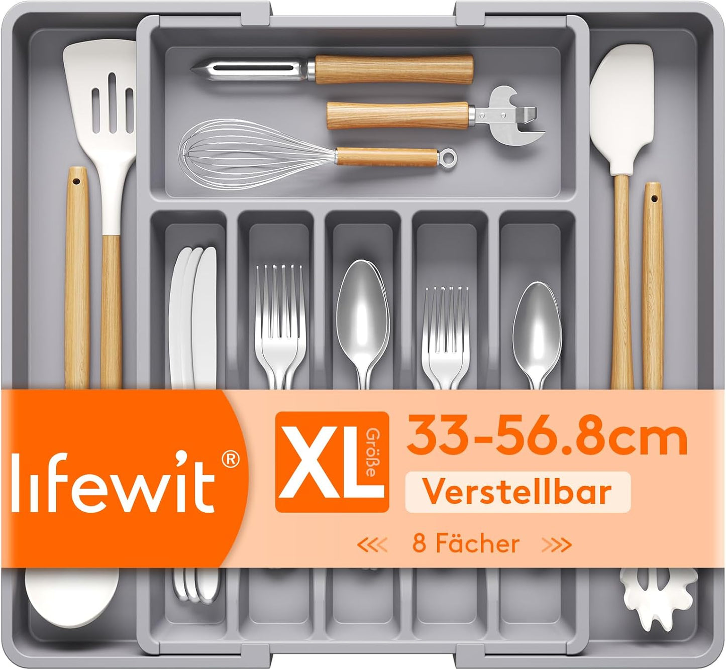Expandable Silverware Organizer - BPA-Free Plastic Utensil Tray for Kitchen Drawer | Space-Saving Cutlery Holder, Black, 8.5-14 x 12 x 1.5 Inch