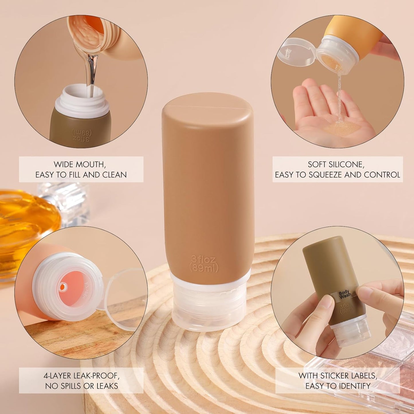Travel Bottles for Toiletries - 21 Pack Leak-Proof TSA Compliant Silicone Containers | BPA Free with Toiletry Bag (Apricot)
