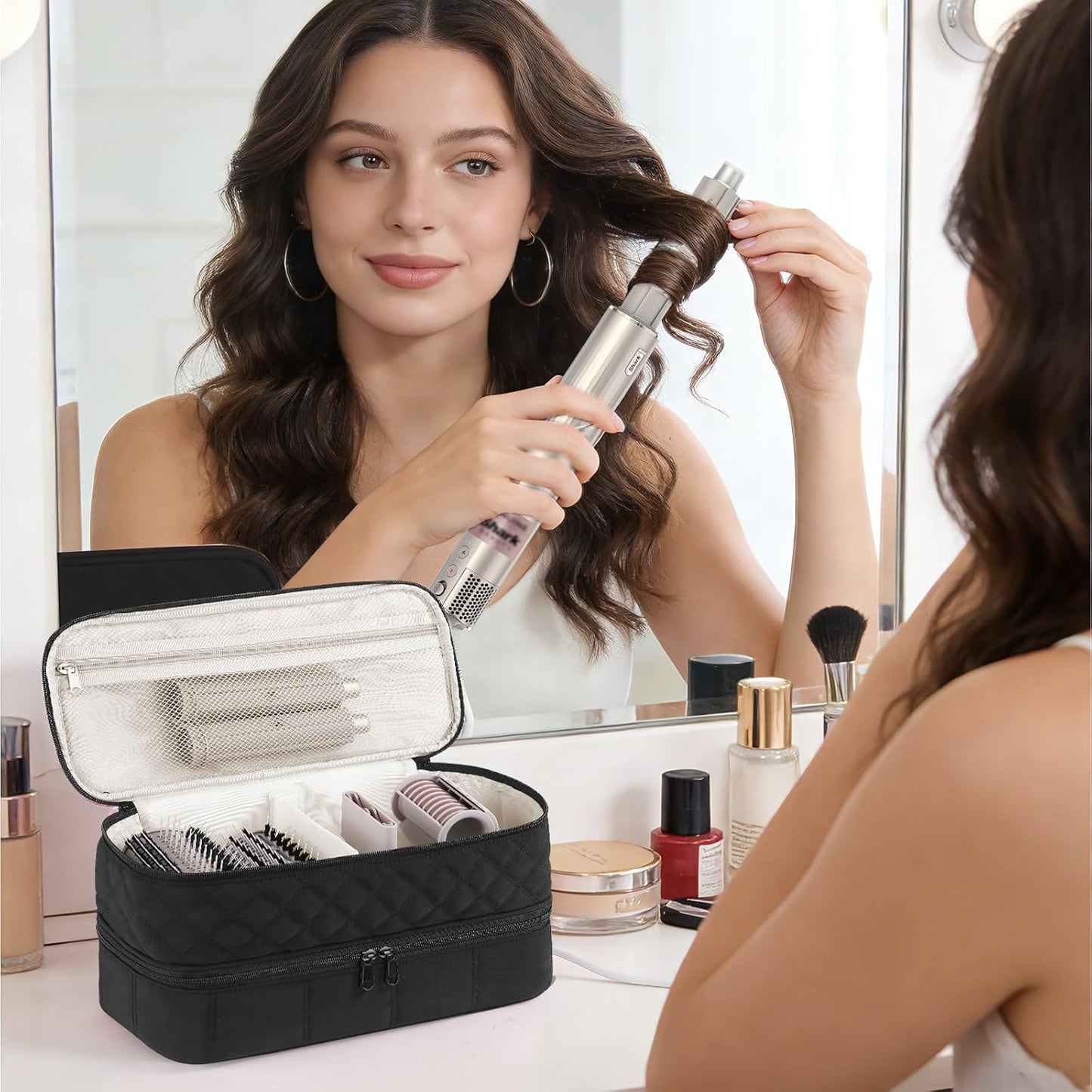 Hair Travel Carrying Case - Double-Layer Storage for Shark Flex Style & Dyson Airwrap | Black