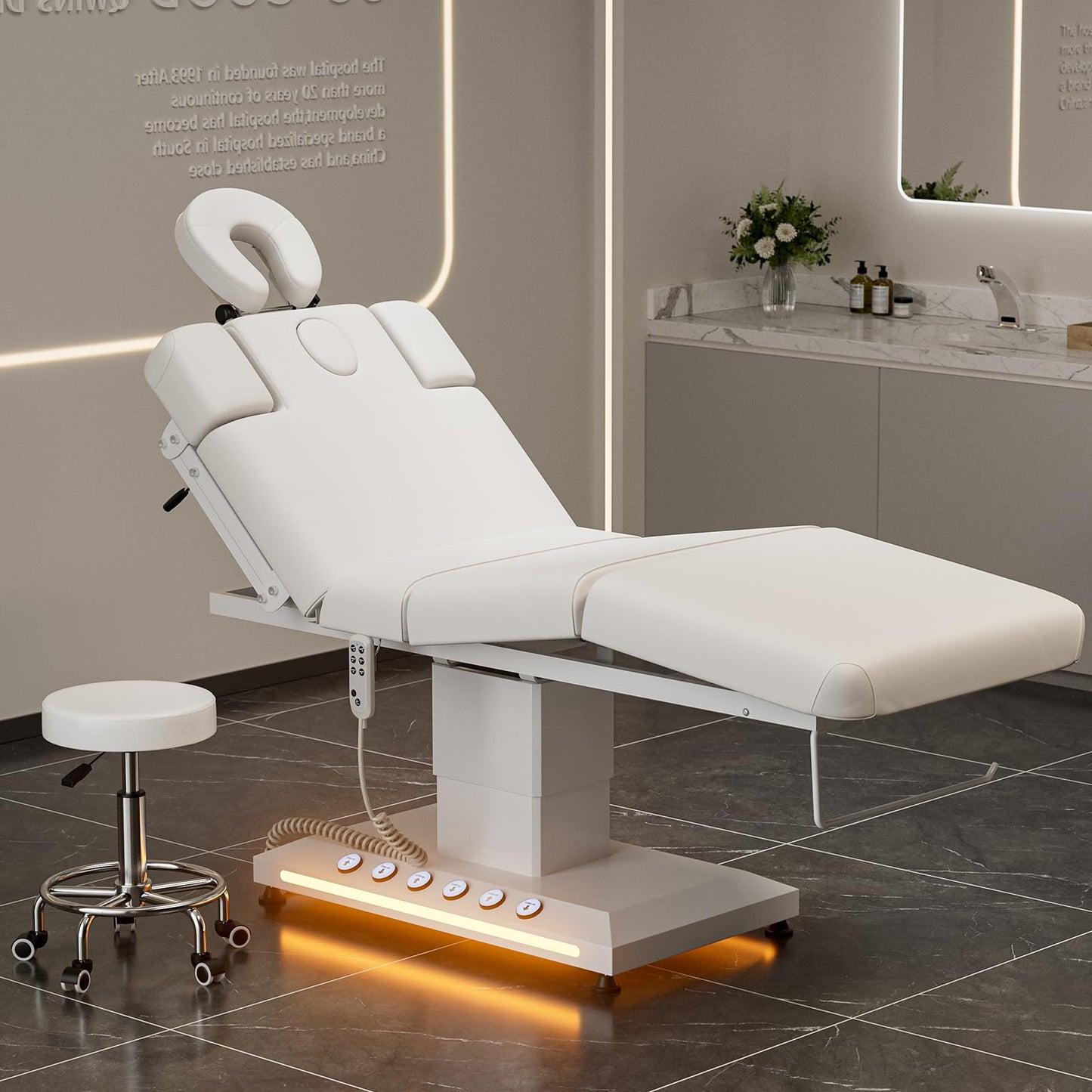 Icoget Professional Full Electric Spa Massage Treatment Table with Independent Leg Adjustment and Face Cradle for Beauty, White