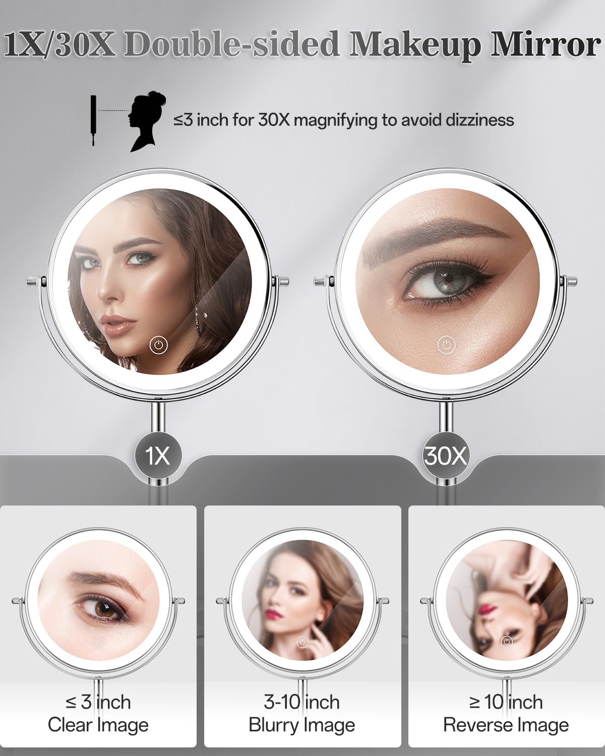 Lighted Makeup Mirror with Adjustable Height - 1X/30X Magnifying, 3000mAh Rechargeable, Dual-Sided Vanity Mirror with 3 LED Lighting Options | Perfect Gift for Women