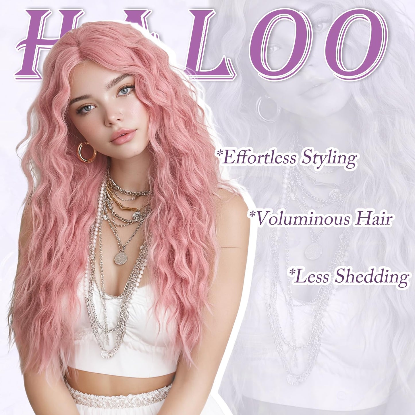 Haloo Pink Wigs with Curtain Bangs - 26 Inch Long Wavy Curly Middle Part Soft Natural Looking Synthetic Hair Wig for Women Daily Party Cosplay Costume Use