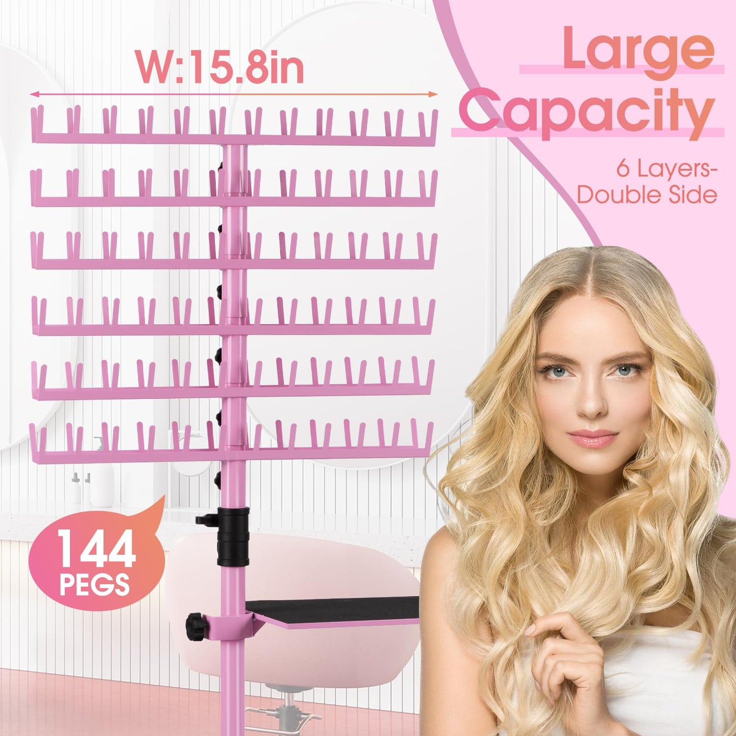 Klvied Braiding Hair Rack Standing 144 Pegs, Heavy Duty Hair Racks for Braiders Standing, Hair Divider Rack for Braiding Hair Separator, Braiding Rack with Carrying Bag and Hair Braiding Tools, Pink