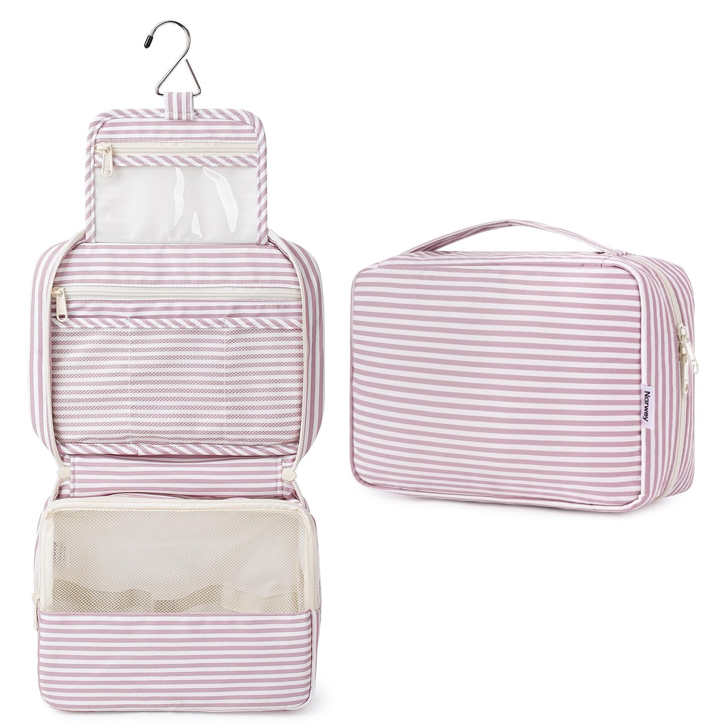 Narwey Small Hanging Travel Toiletry Bag for Women, Travel Bag for Toiletries, Makeup Bag Organizer Cosmetic Bags Make Up Bags for Girls (Dusty Pink Stripe)