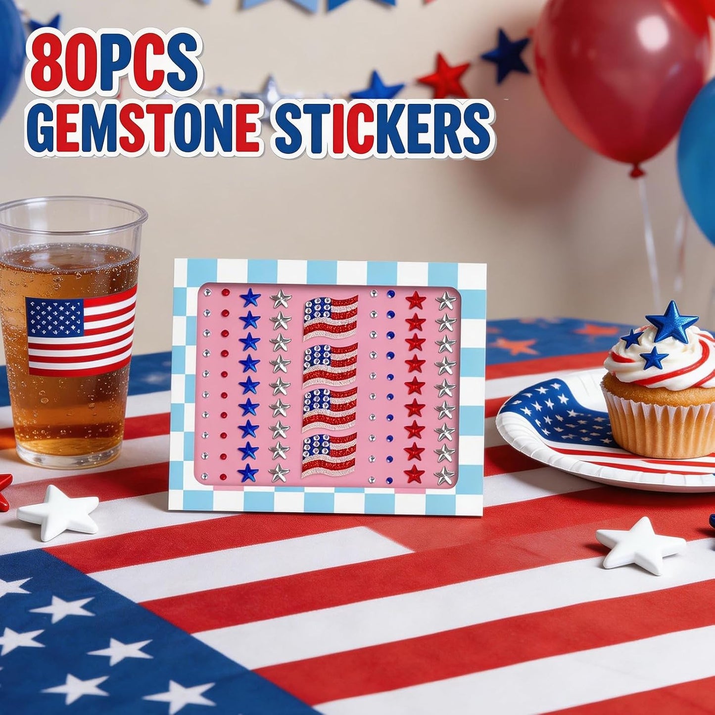 Face Gems - 80 Pcs USA Stickers for 4th of July | Patriotic Red, White, and Blue Decorations