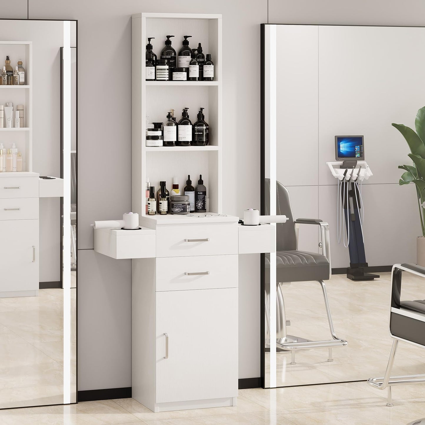 4ever2buy Salon Station for Hair Stylist, White Barber Station Hair Salon Station, Hair Station Equipment Hair Dryer Holder, White