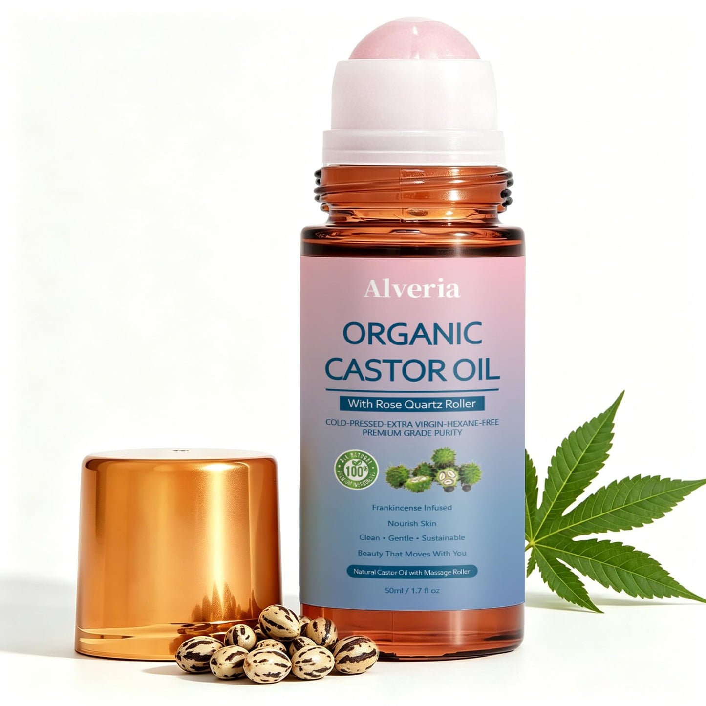 Alveria Organic Castor Oil Roll-On with Cooling Rose Quartz Roller – 100% Cold-Pressed, Hexane-Free Formula for Face, Body, Hair, Brows & Lashe, Daily Moisturizing Care (1)