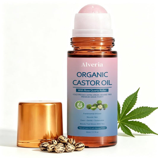 Alveria Organic Castor Oil Roll-On with Cooling Rose Quartz Roller – 100% Cold-Pressed, Hexane-Free Formula for Face, Body, Hair, Brows & Lashe, Daily Moisturizing Care (1)